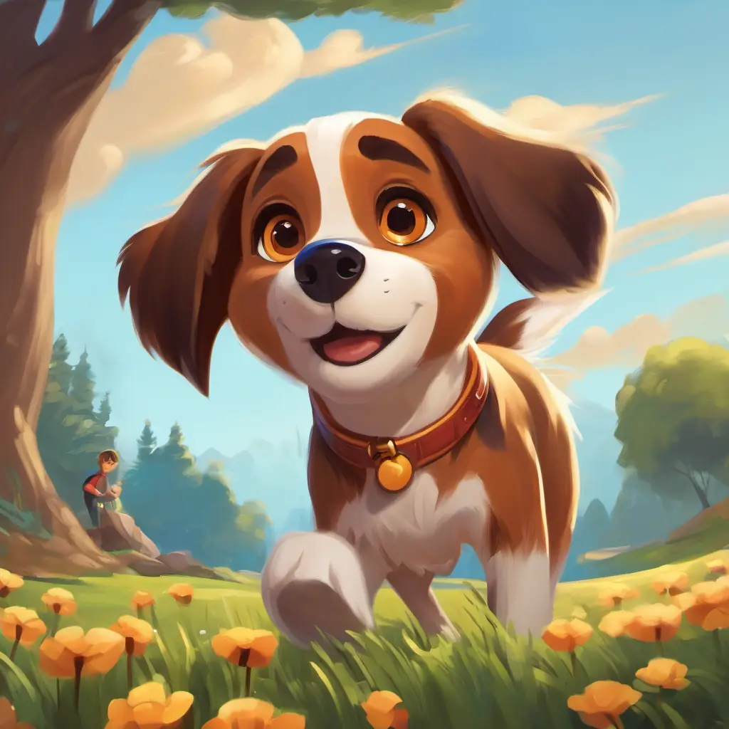 Shows Energetic dog with a wagging tail and a playful spirit's interaction with children and Shy dog with brown fur and big, curious eyes's feelings. Characters: Energetic dog with a wagging tail and a playful spirit, Shy dog with brown fur and big, curious eyes