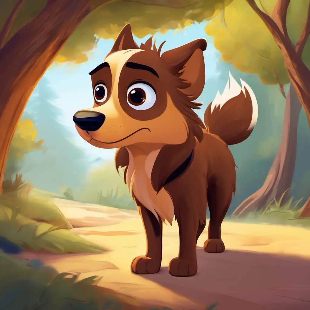 Shy dog with brown fur and big, curious eyes learns to accept himself with the help of his friends. Characters: Shy dog with brown fur and big, curious eyes, Fluffy, brown dog who loves to explore quietly, Energetic dog with a wagging tail and a playful spirit