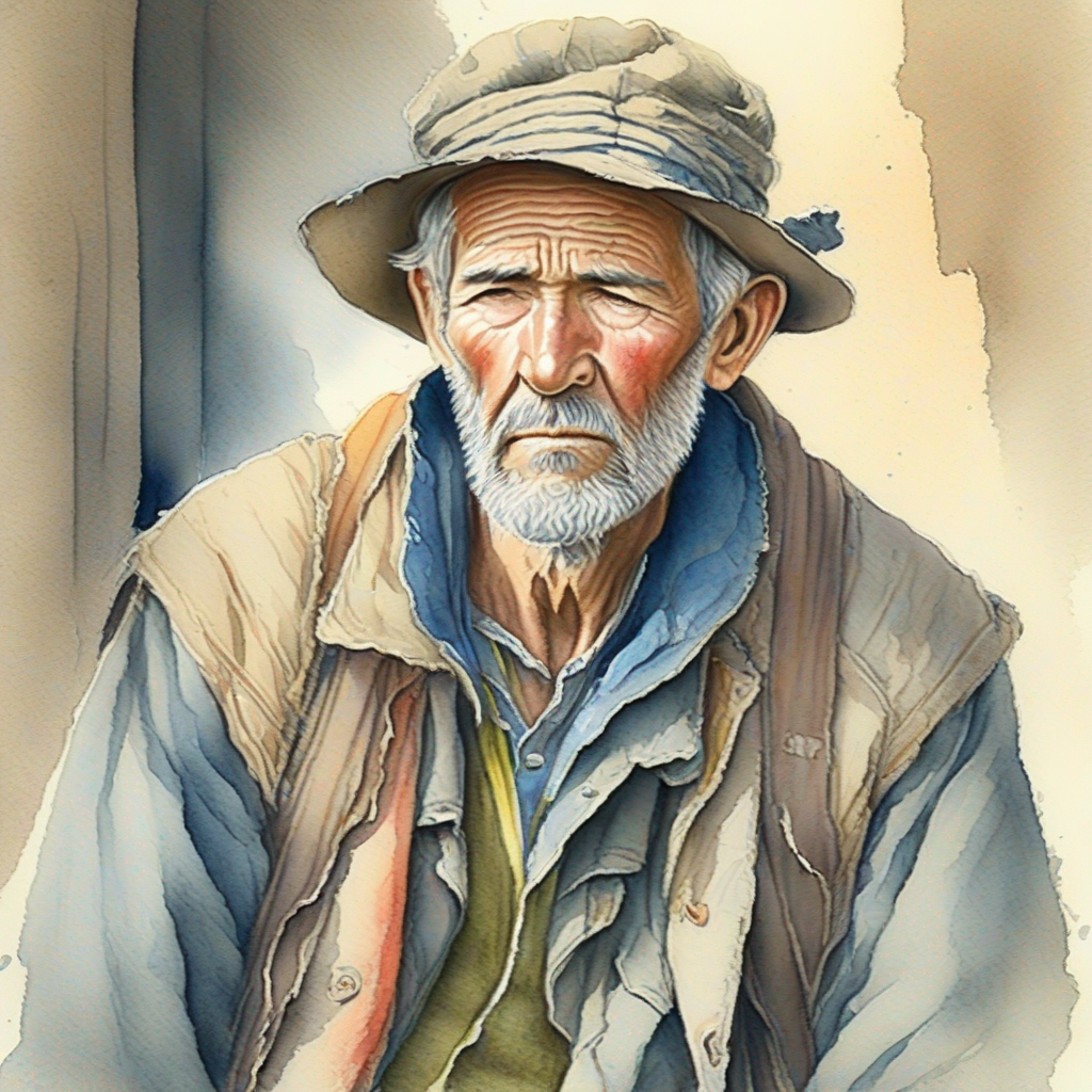 Poor man with ragged clothes and a worn-out hat.