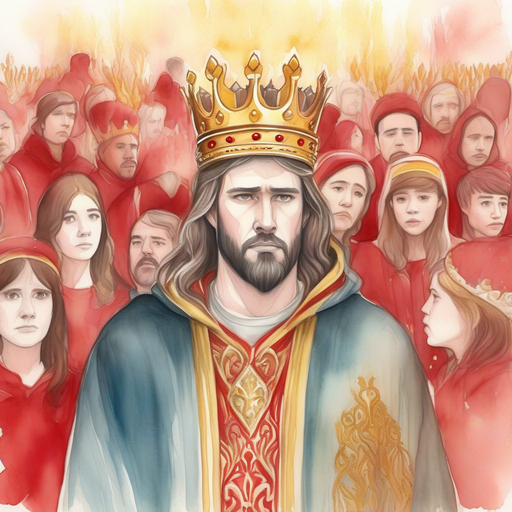 King with a golden crown and a red velvet robe. looking concerned surrounded by sad people.