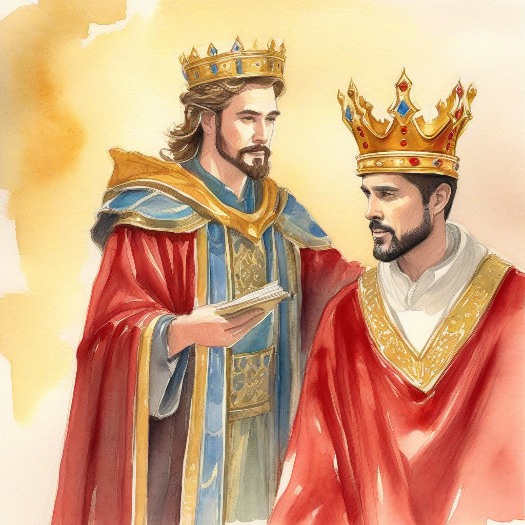 King with a golden crown and a red velvet robe. talking to Jack, showing him a scroll.