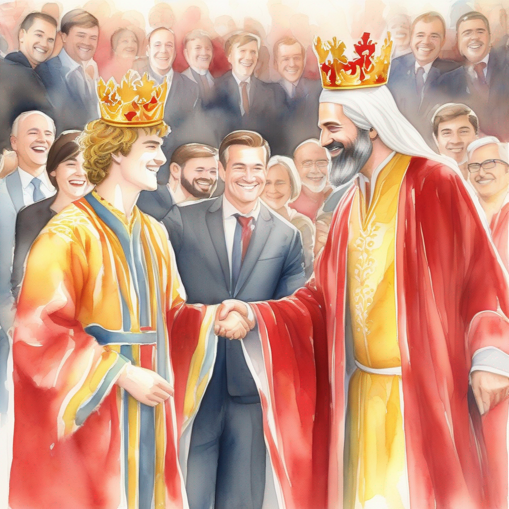 King with a golden crown and a red velvet robe. and Jack shaking hands, while people smile around them.