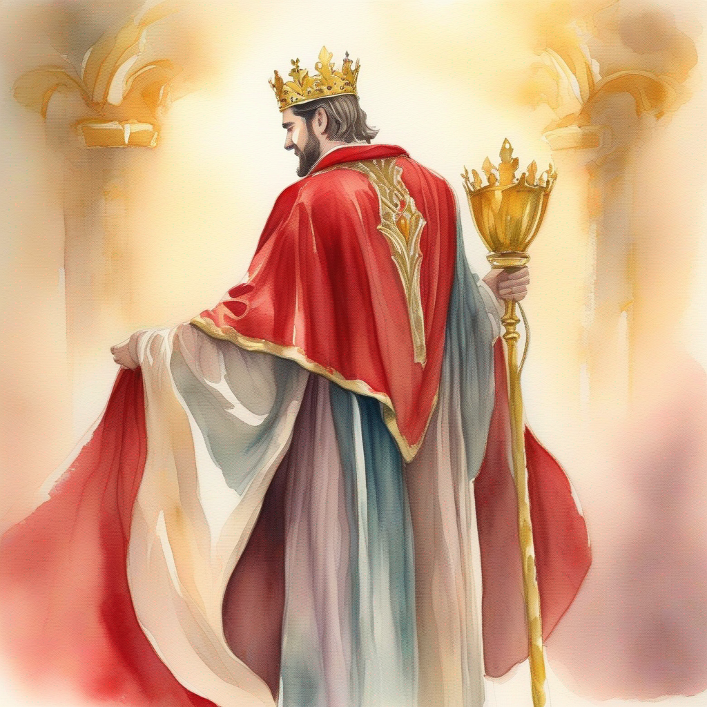 King with a golden crown and a red velvet robe. patting Jack's back with a grateful expression.