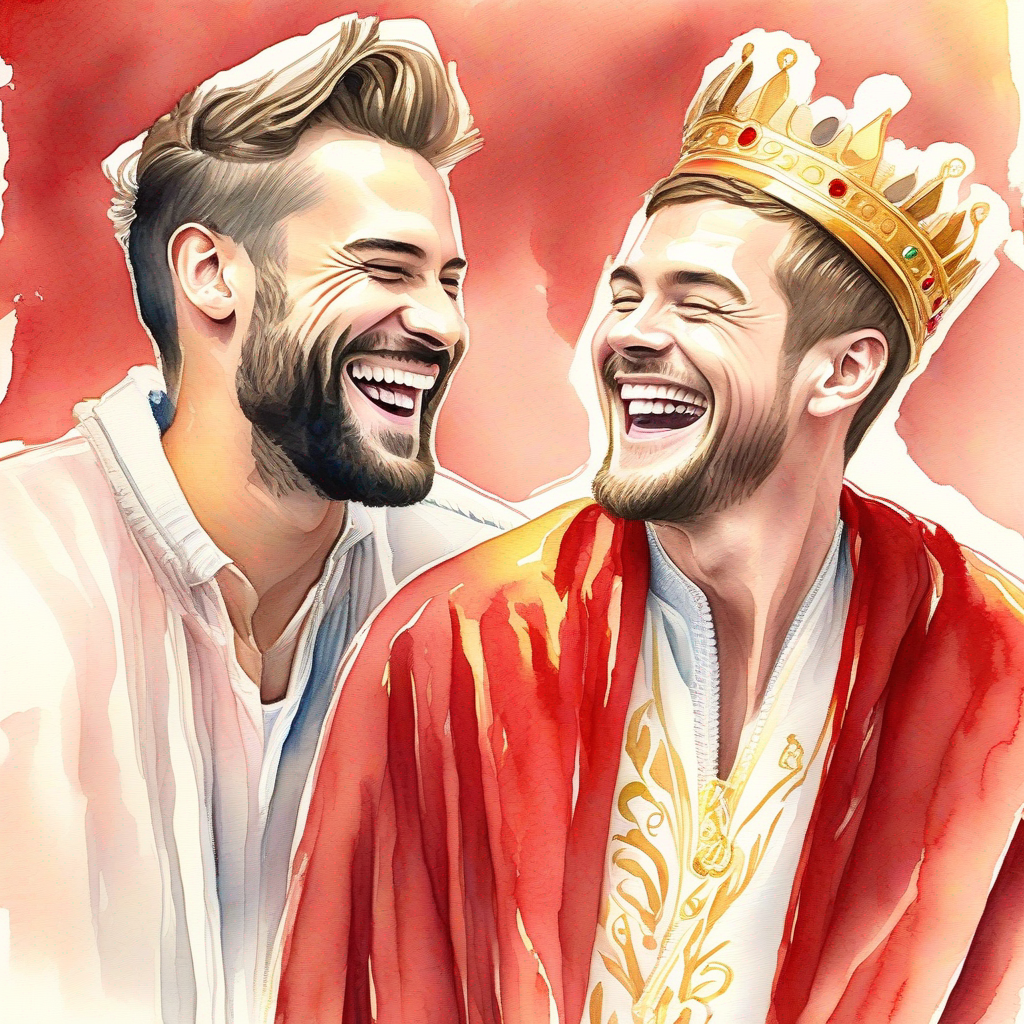 King with a golden crown and a red velvet robe. and Jack laughing together, showing friendship and happiness.