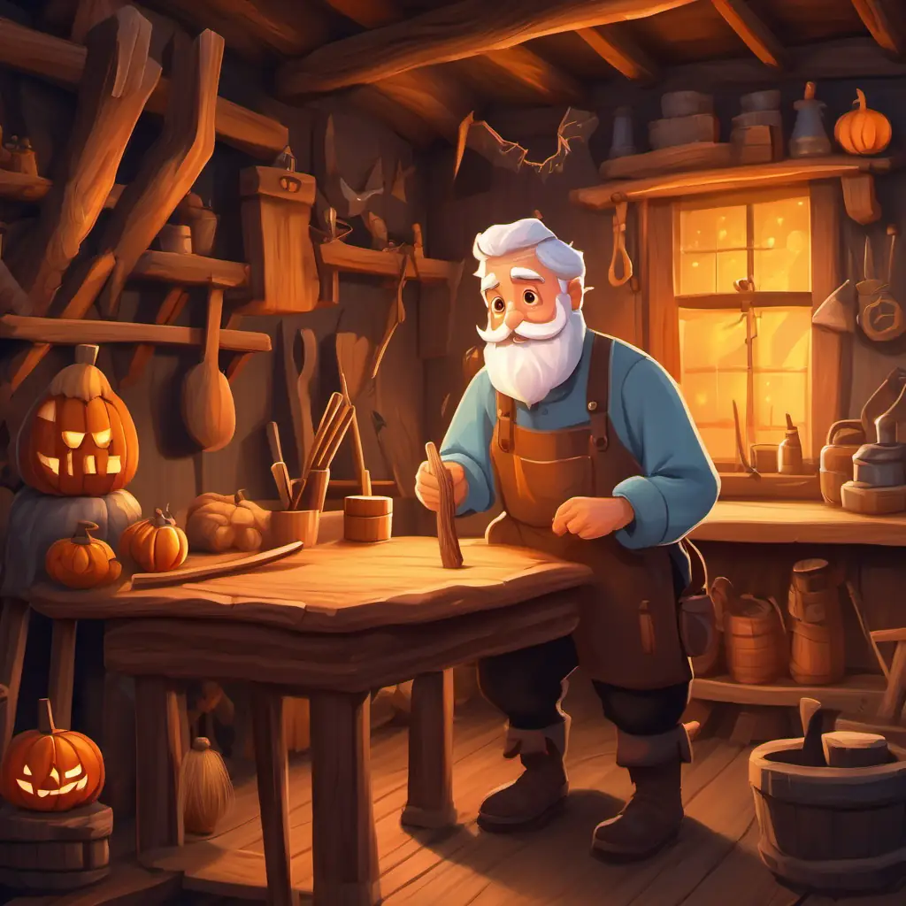 An old carpenter with a white beard and kind eyes's cozy workshop with wooden tools, a warm fireplace, and a workbench with a newly carved puppet named A wooden puppet with a pointy nose and big curious eyes.