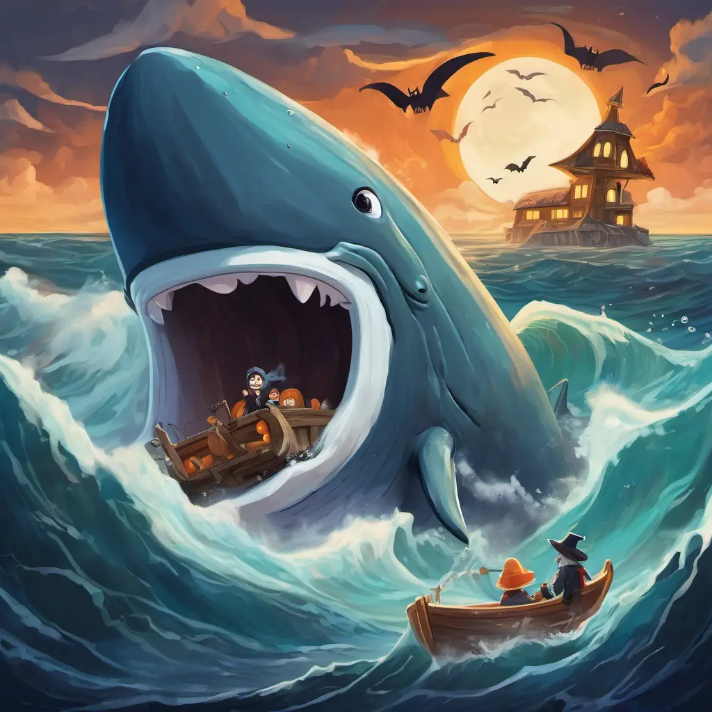 A vast ocean with crashing waves, a towering whale named Monstro, and A wooden puppet with a pointy nose and big curious eyes fearlessly venturing into the whale's mouth to save An old carpenter with a white beard and kind eyes.