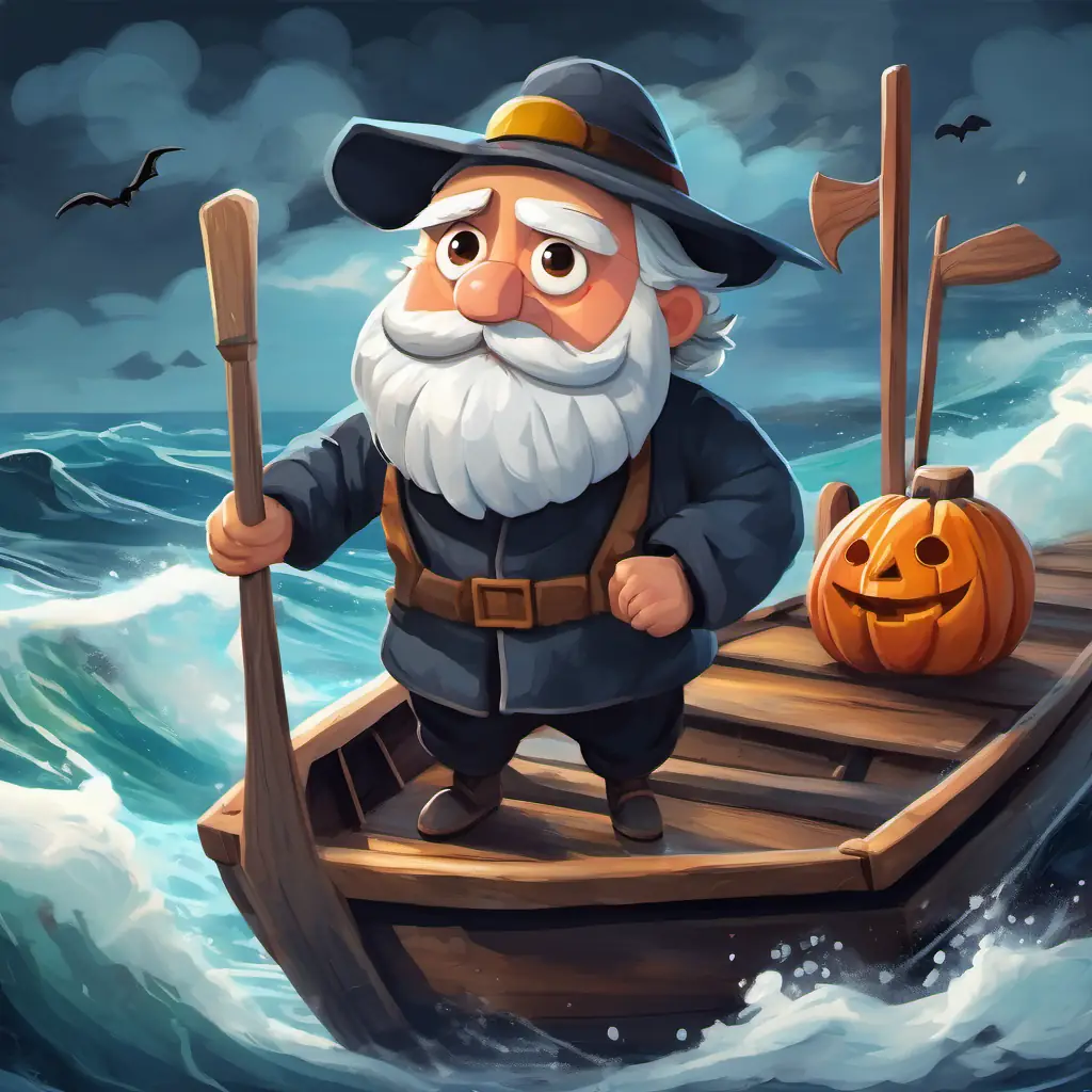 A stormy sea with crashing waves, lightning, and A wooden puppet with a pointy nose and big curious eyes and An old carpenter with a white beard and kind eyes clinging onto a shaky wooden raft, their faces filled with determination.