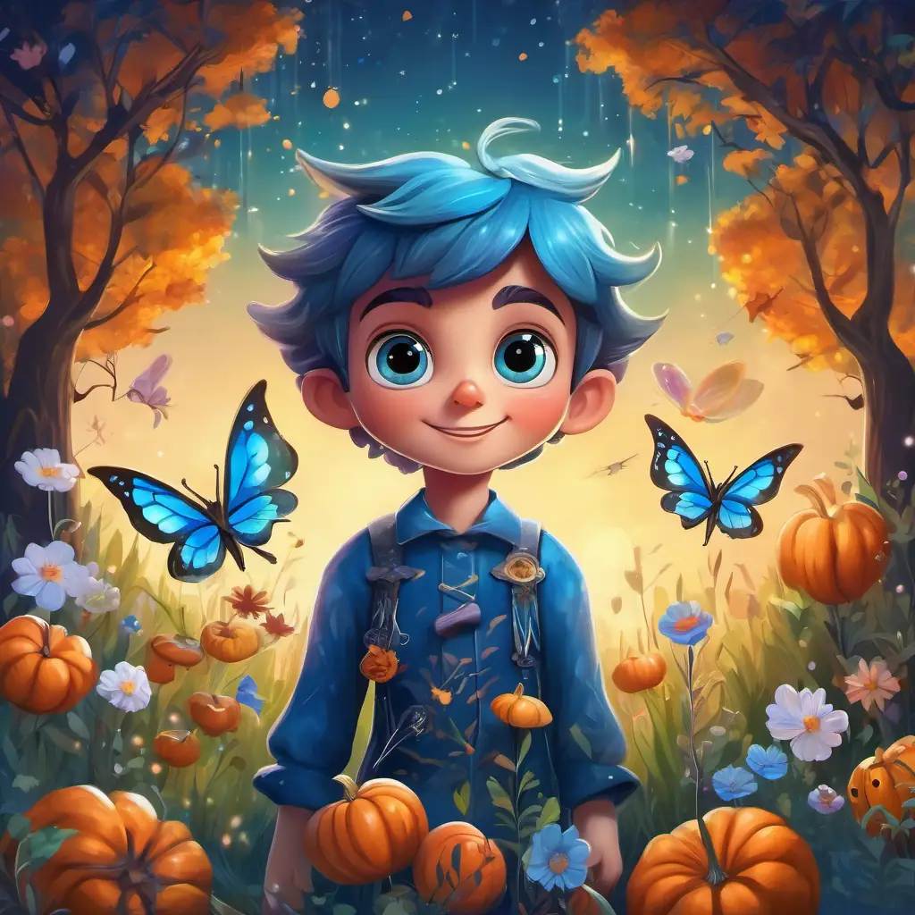 A magical meadow with colorful flowers and the enchanting A beautiful fairy with sparkling blue wings and a magical wand, transforming A wooden puppet with a pointy nose and big curious eyes into a real boy.