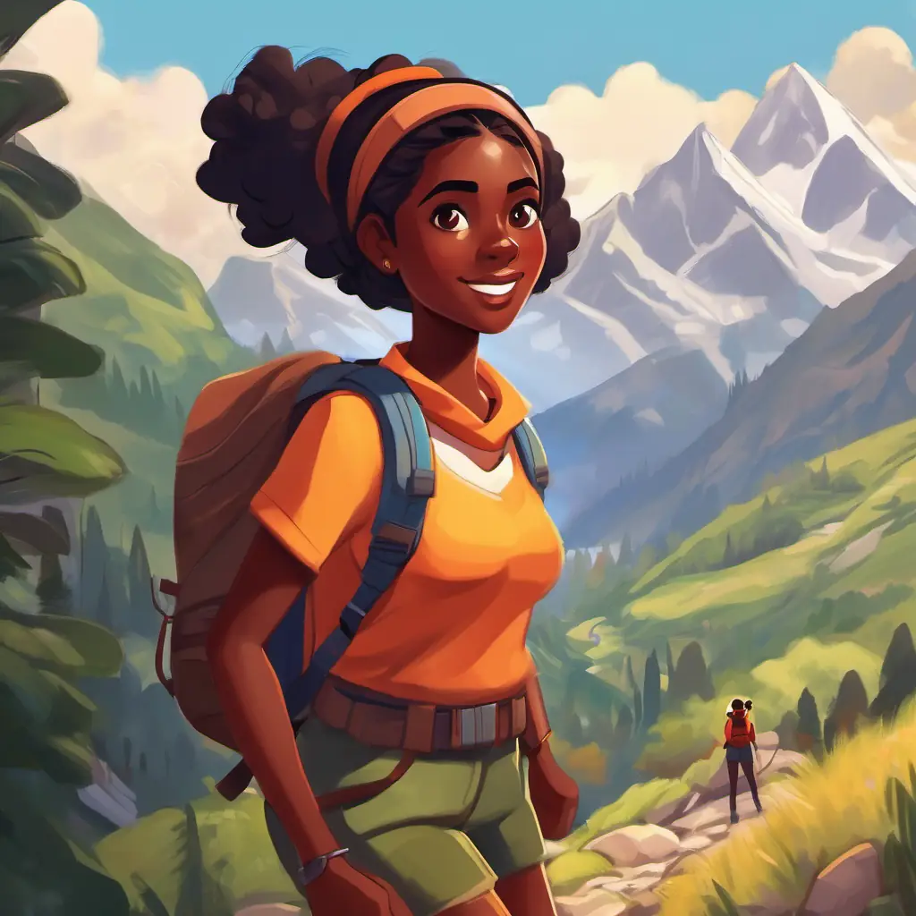 Dark-skinned girl with bright brown eyes and enthusiastic spirit starts a mountain hike with friends and a guide.