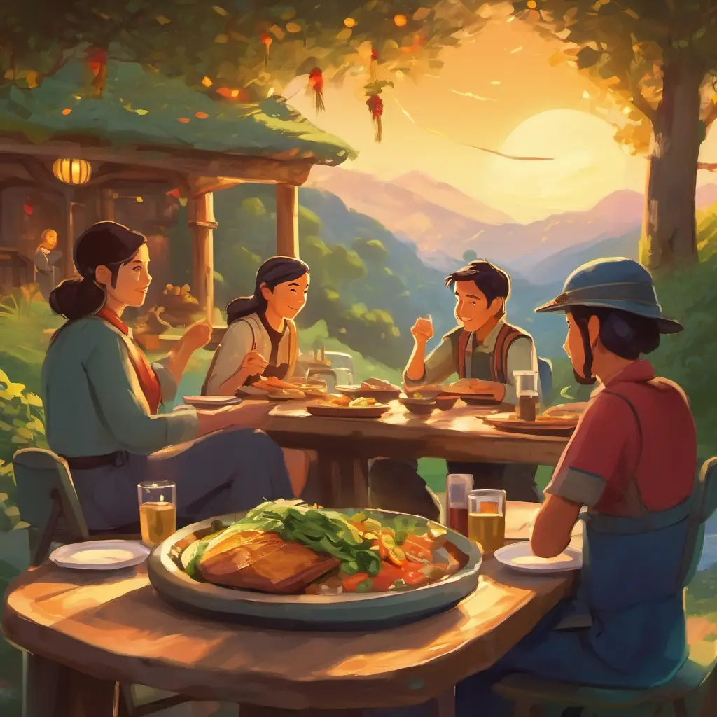 Celebration with a meal, sharing gratitude for the trek.