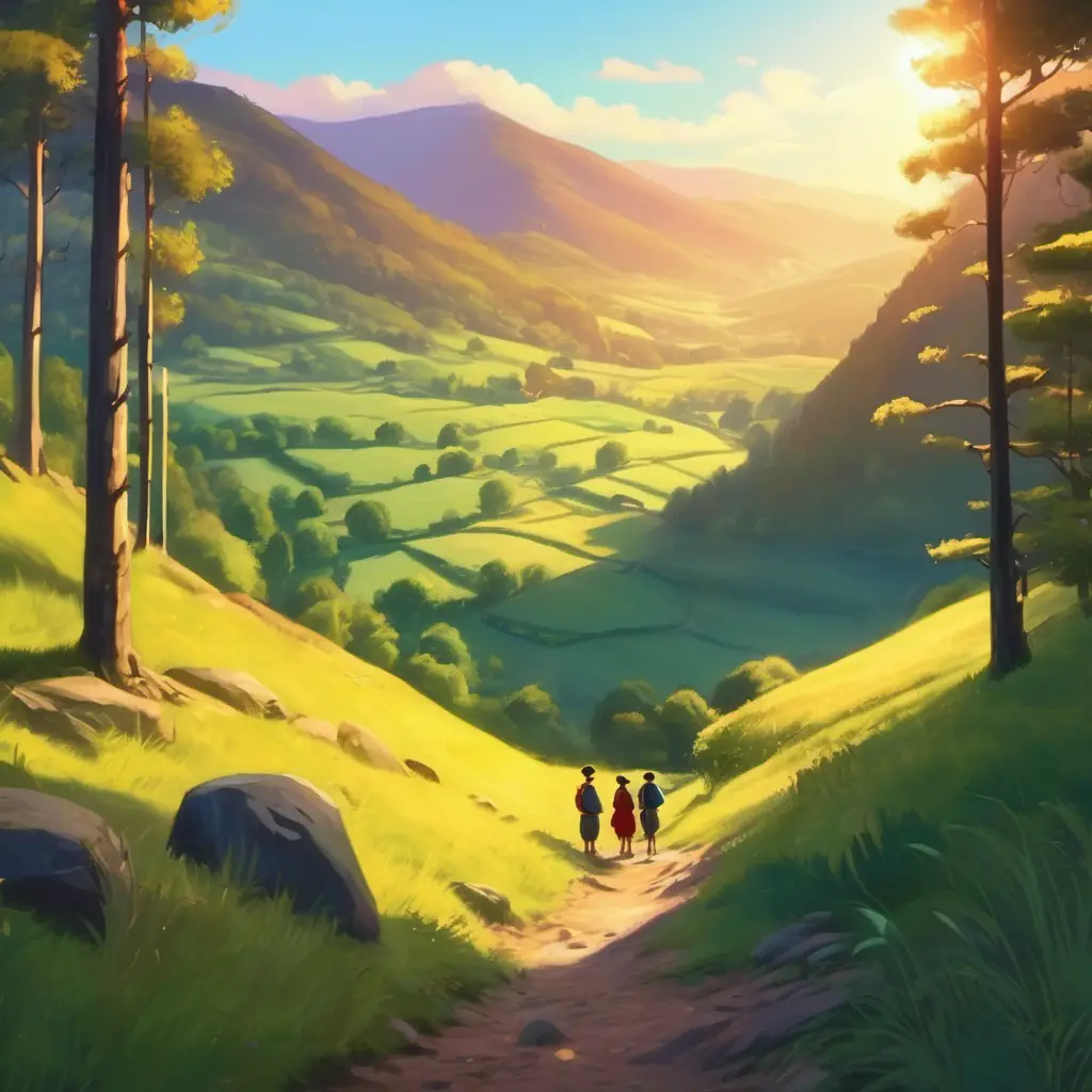 The group views a sunlit valley from a clearing.