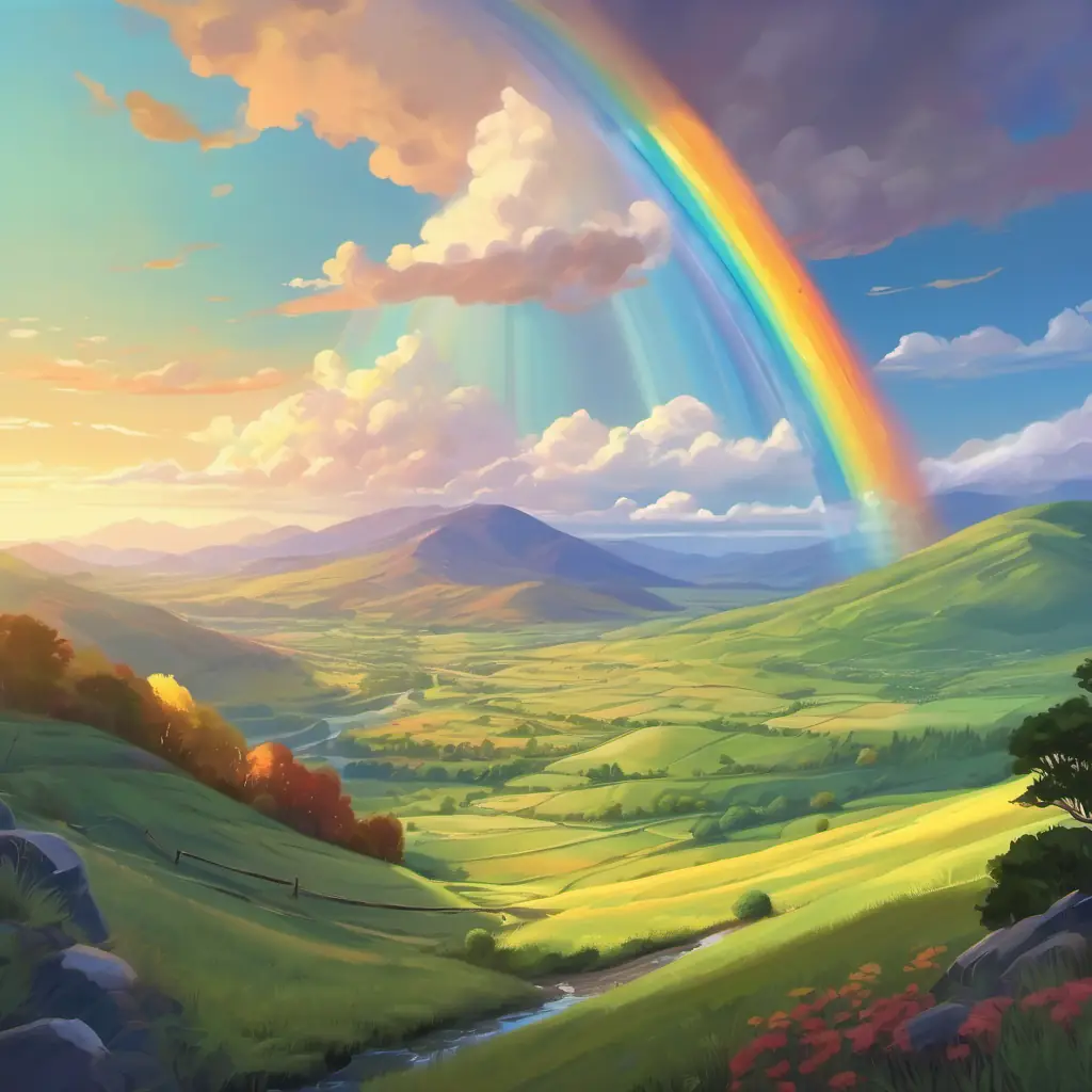 Post-storm reveal of a rainbow over the valley.