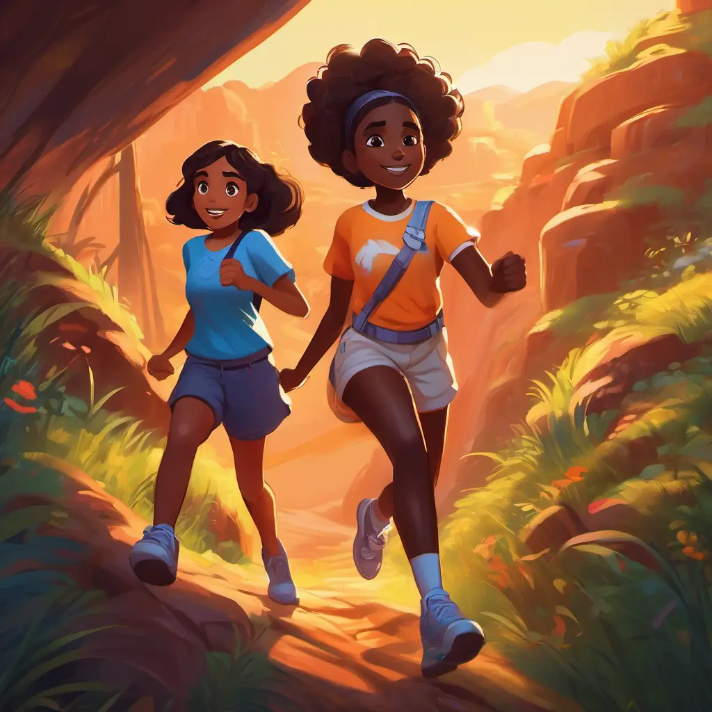 Dark-skinned girl with bright brown eyes and enthusiastic spirit assists a friend on tricky terrain.