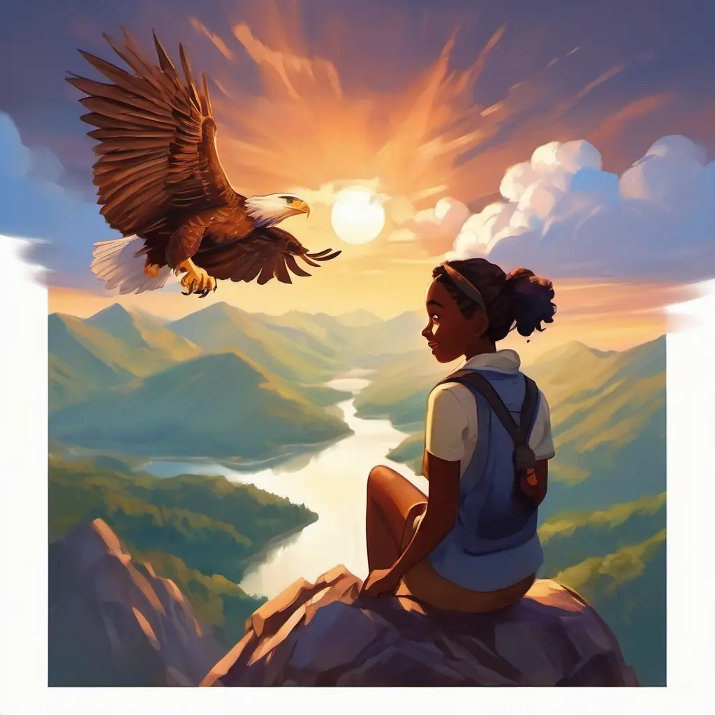Dark-skinned girl with bright brown eyes and enthusiastic spirit reflects on an eagle's view from the summit.