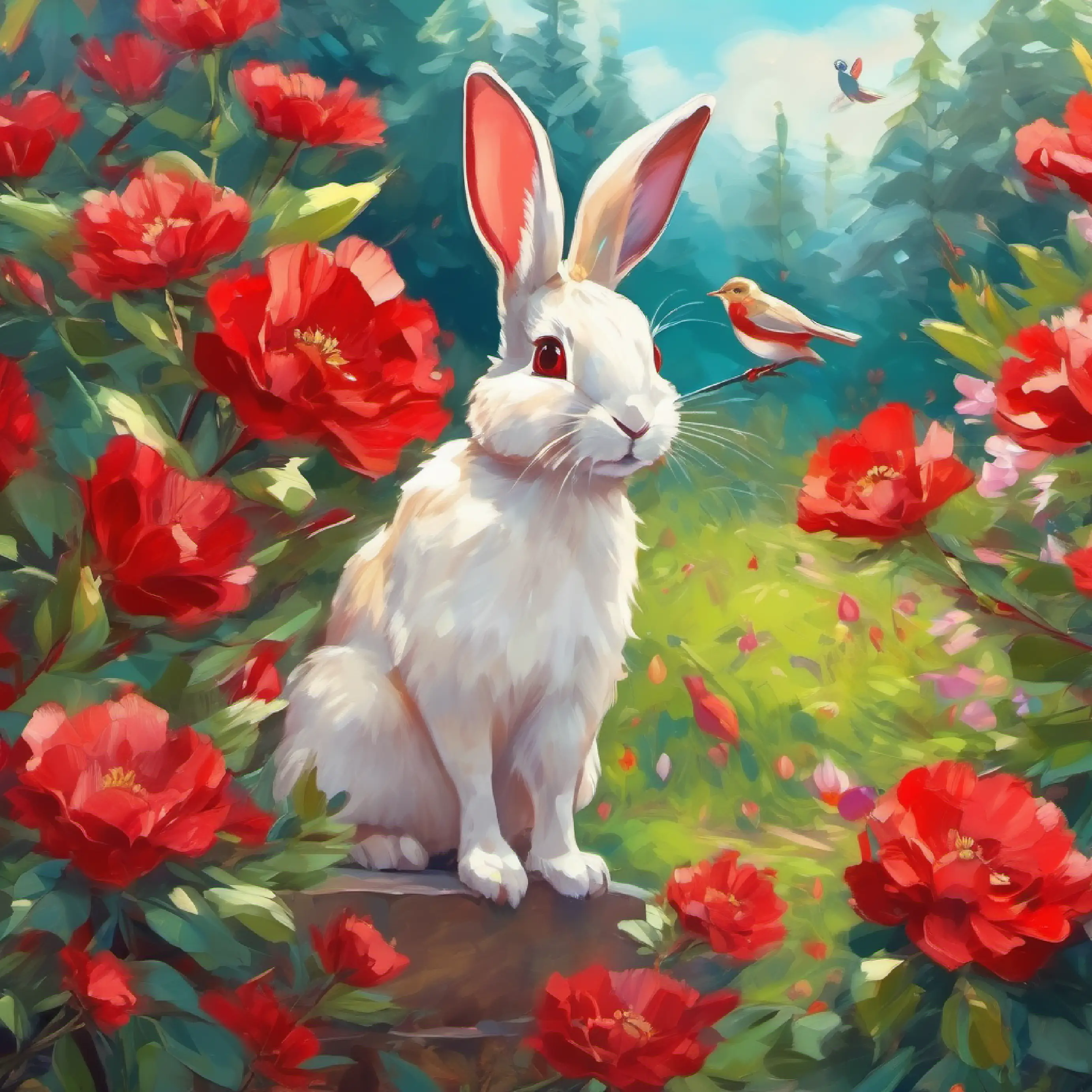 Red on flowers, joyful birds, young rabbit in awe.