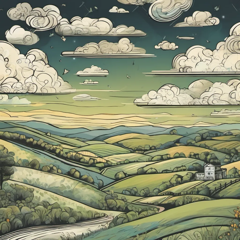 A whimsical landscape with chalk-drawn clouds and larks flying over a scenic backdrop of rolling hills.