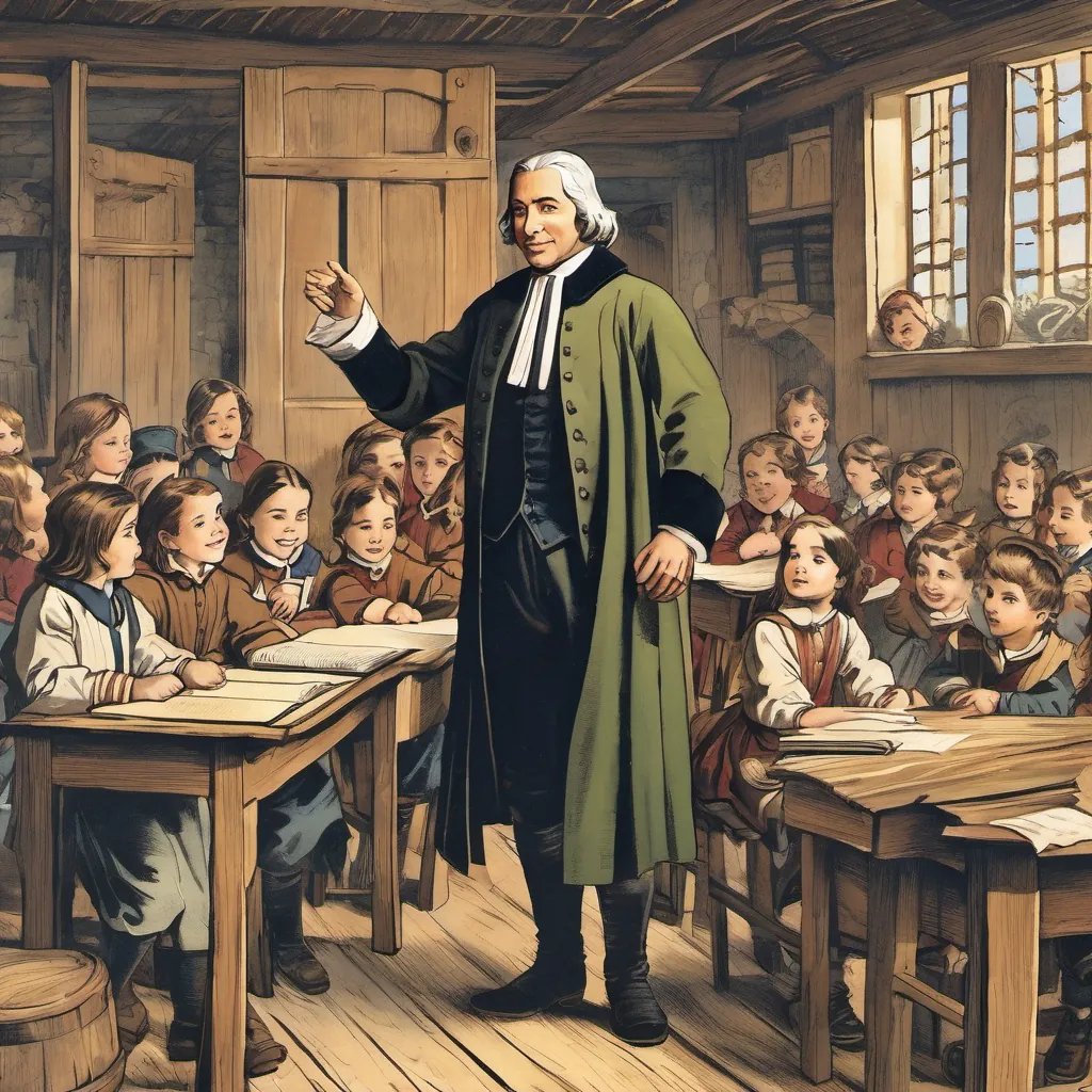 John Baptiste De La Salle, a gentle man with a big heart, wearing period-appropriate clerical attire, exuding warmth and wisdom Baptiste De La Salle, a gentle man with a big heart, surrounded by eager children in a rustic classroom.