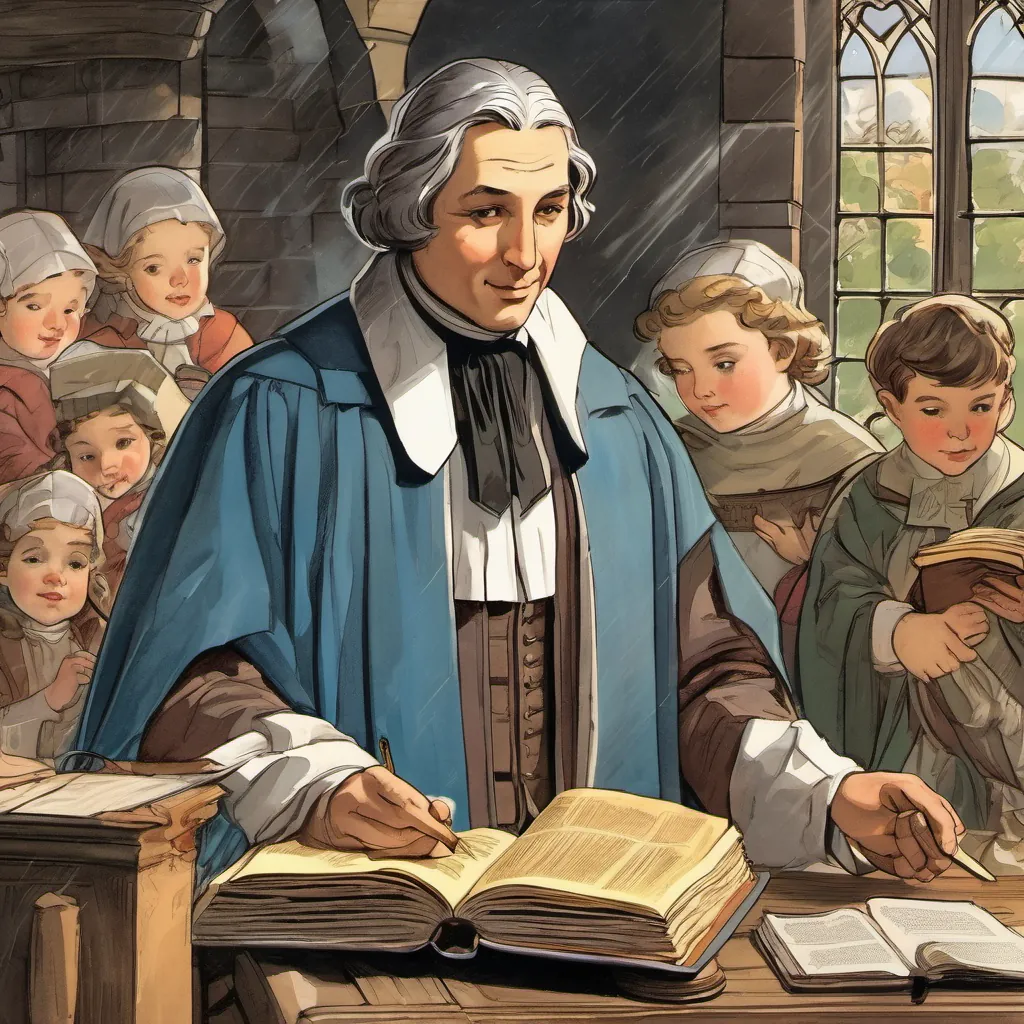 John Baptiste De La Salle, a gentle man with a big heart, wearing period-appropriate clerical attire, exuding warmth and wisdom engaging with young novices, teaching amid sunlit and rain-kissed surroundings, showcasing dedication.