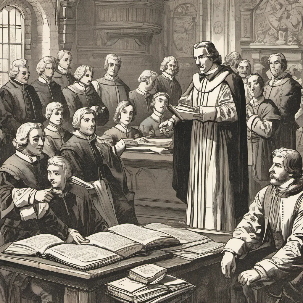 An affectionate scene of John Baptiste De La Salle, a gentle man with a big heart, wearing period-appropriate clerical attire, exuding warmth and wisdom surrounded by his students and brothers, signifying the end of an era.