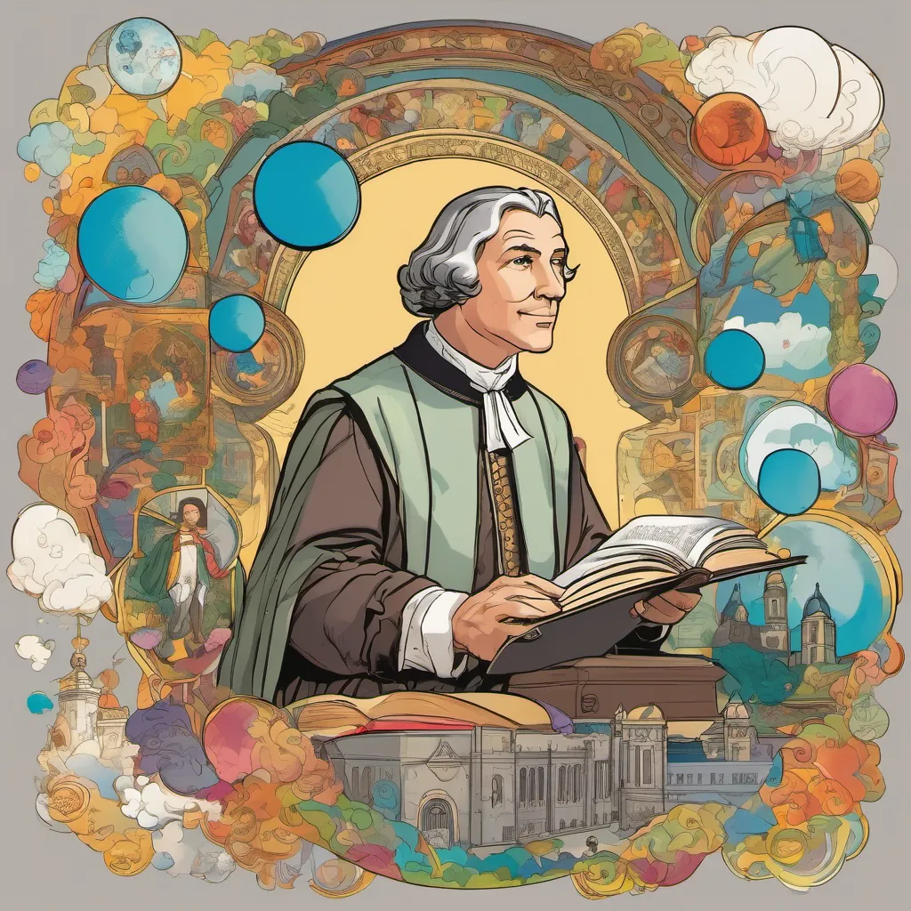 Children imagining various dream schools floating in colorful thought bubbles around John Baptiste De La Salle, a gentle man with a big heart, wearing period-appropriate clerical attire, exuding warmth and wisdom's head.