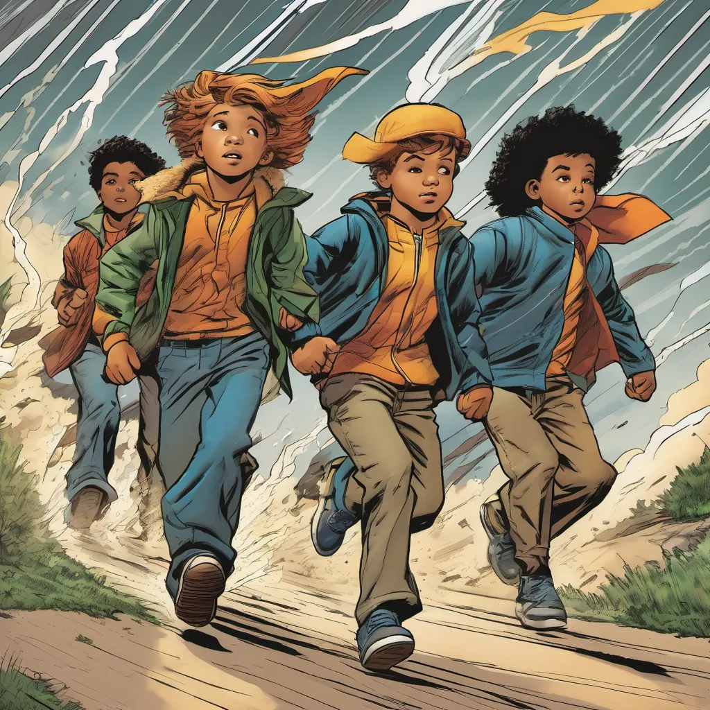 A group of determined school brothers walking confidently through a windy storm together.