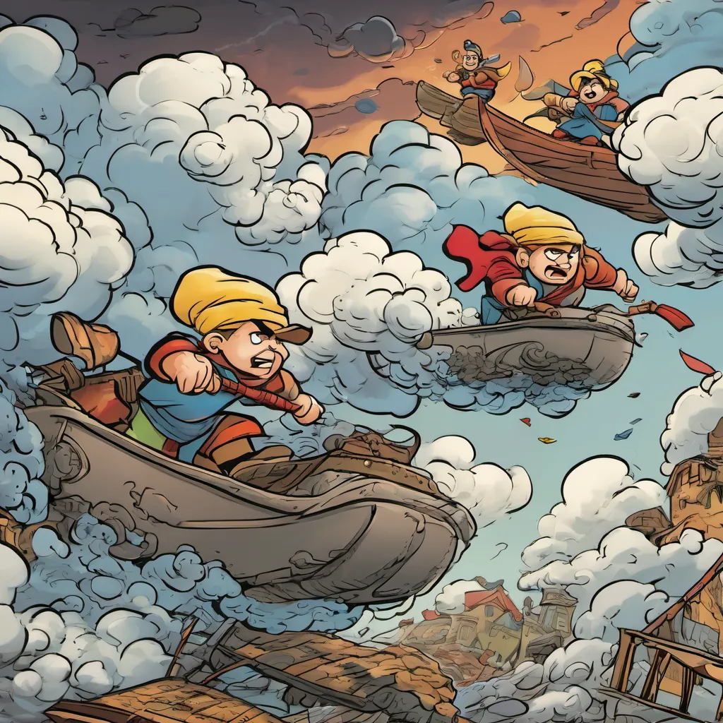 An animated scene of brothers overcoming challenges with obstacles personified as comically grumpy clouds.