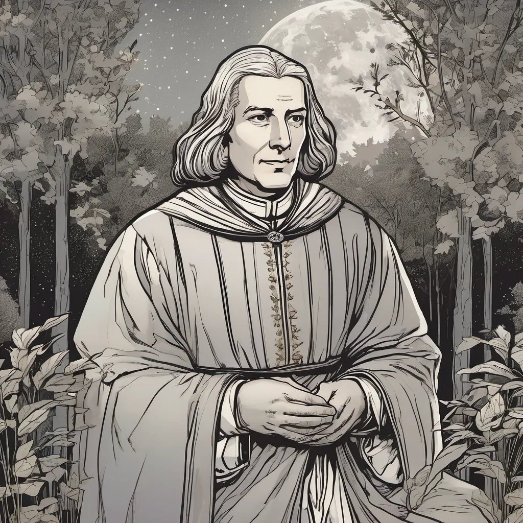 John Baptiste De La Salle, a gentle man with a big heart, wearing period-appropriate clerical attire, exuding warmth and wisdom reflecting peacefully under a starlit sky, the calm forest around him symbolizing serenity.