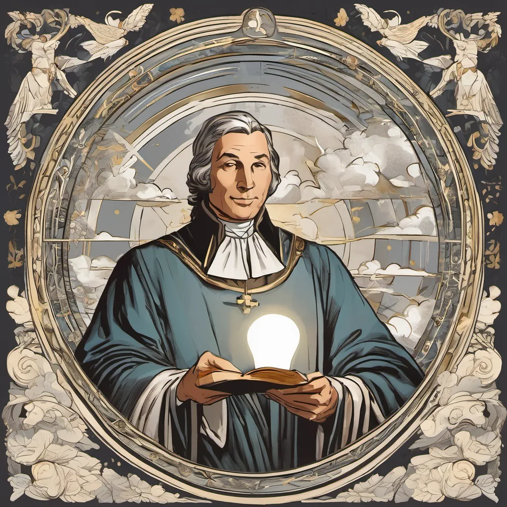 John Baptiste De La Salle, a gentle man with a big heart, wearing period-appropriate clerical attire, exuding warmth and wisdom shining a light that pierces through clouds, symbolizing guidance and hope for future challenges.