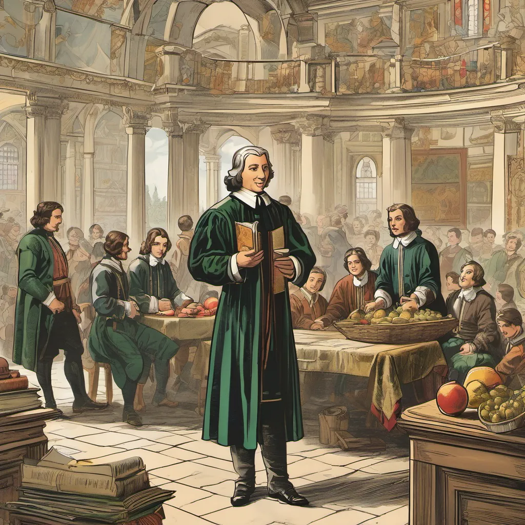 John Baptiste De La Salle, a gentle man with a big heart, wearing period-appropriate clerical attire, exuding warmth and wisdom and his school brothers building St. Yon with camaraderie, symbolizing the fruits of their unity.