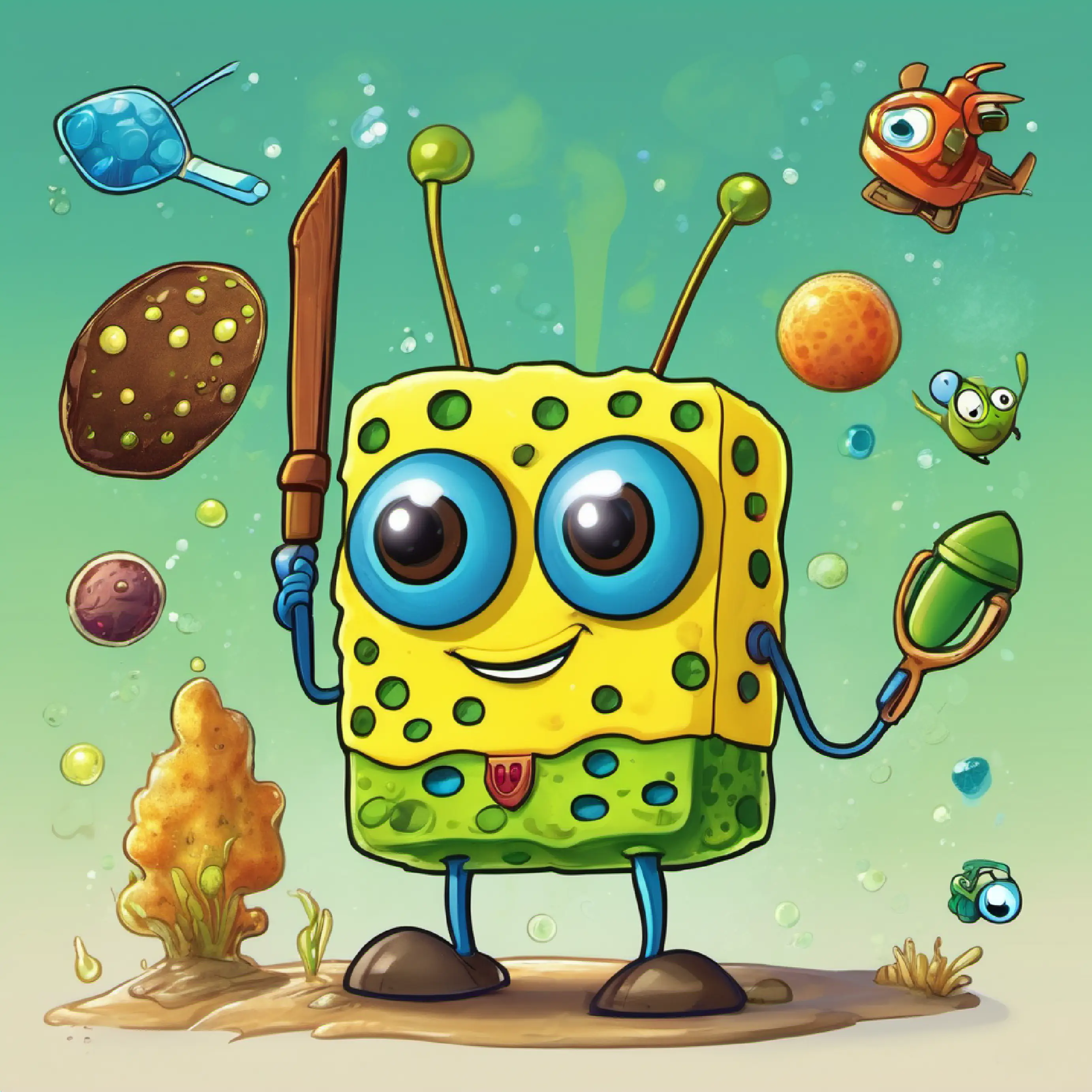 Square yellow sponge, brown pants, blue eyes's spatula disables Tiny green plankton, one eye, two antennae's gadget with a Patty.