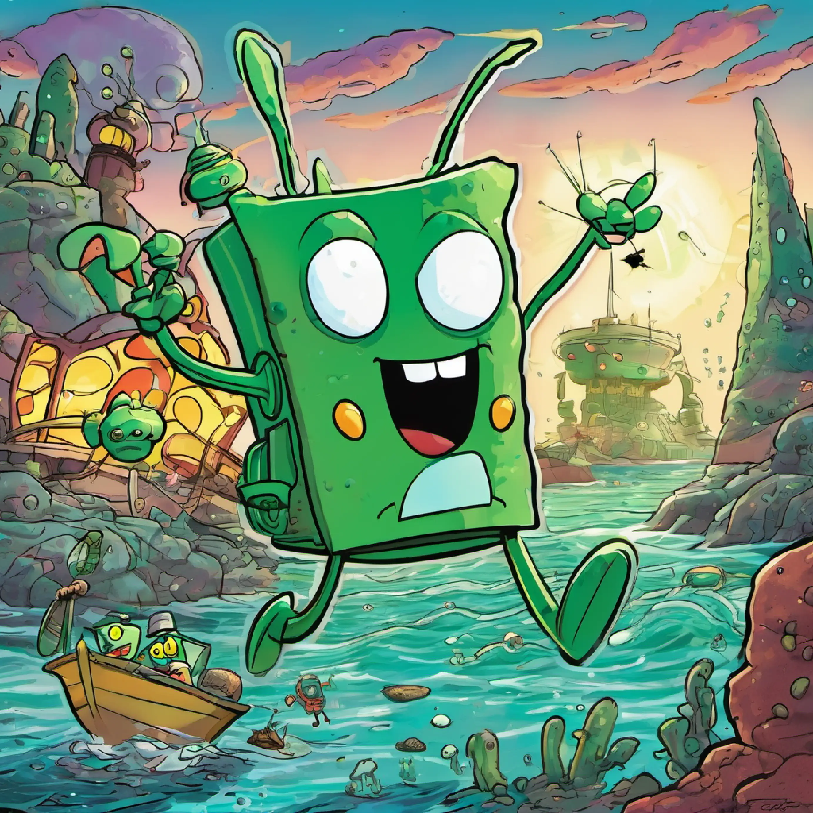 Tiny green plankton, one eye, two antennae and aliens retreat, Krusty Krab team victorious.