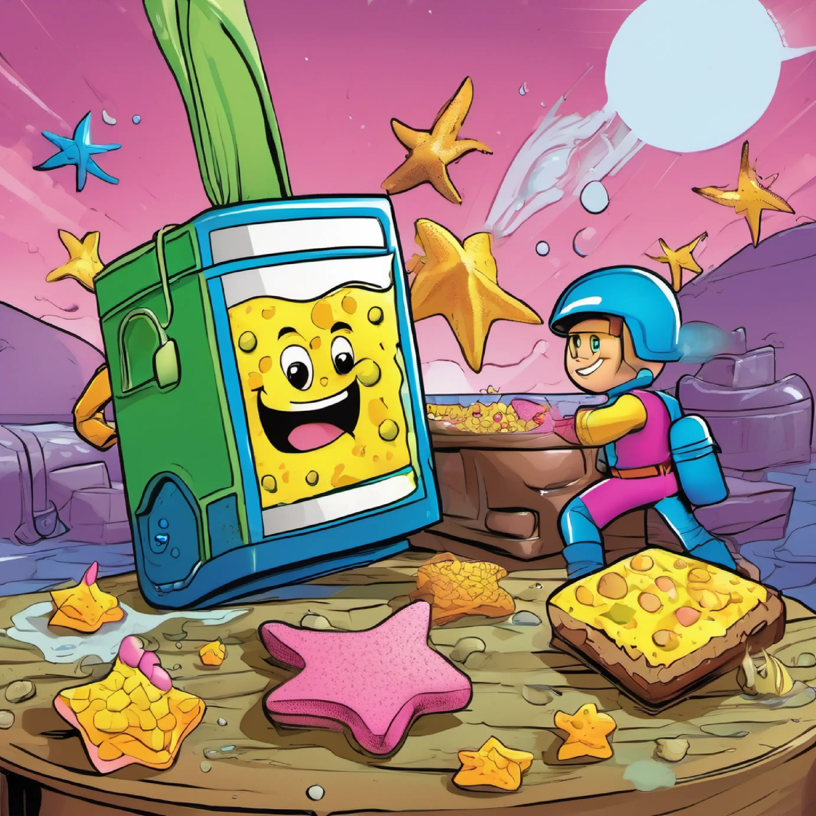 Square yellow sponge, brown pants, blue eyes recruits Pink starfish, green shorts, purple eyelids to protect the recipe.