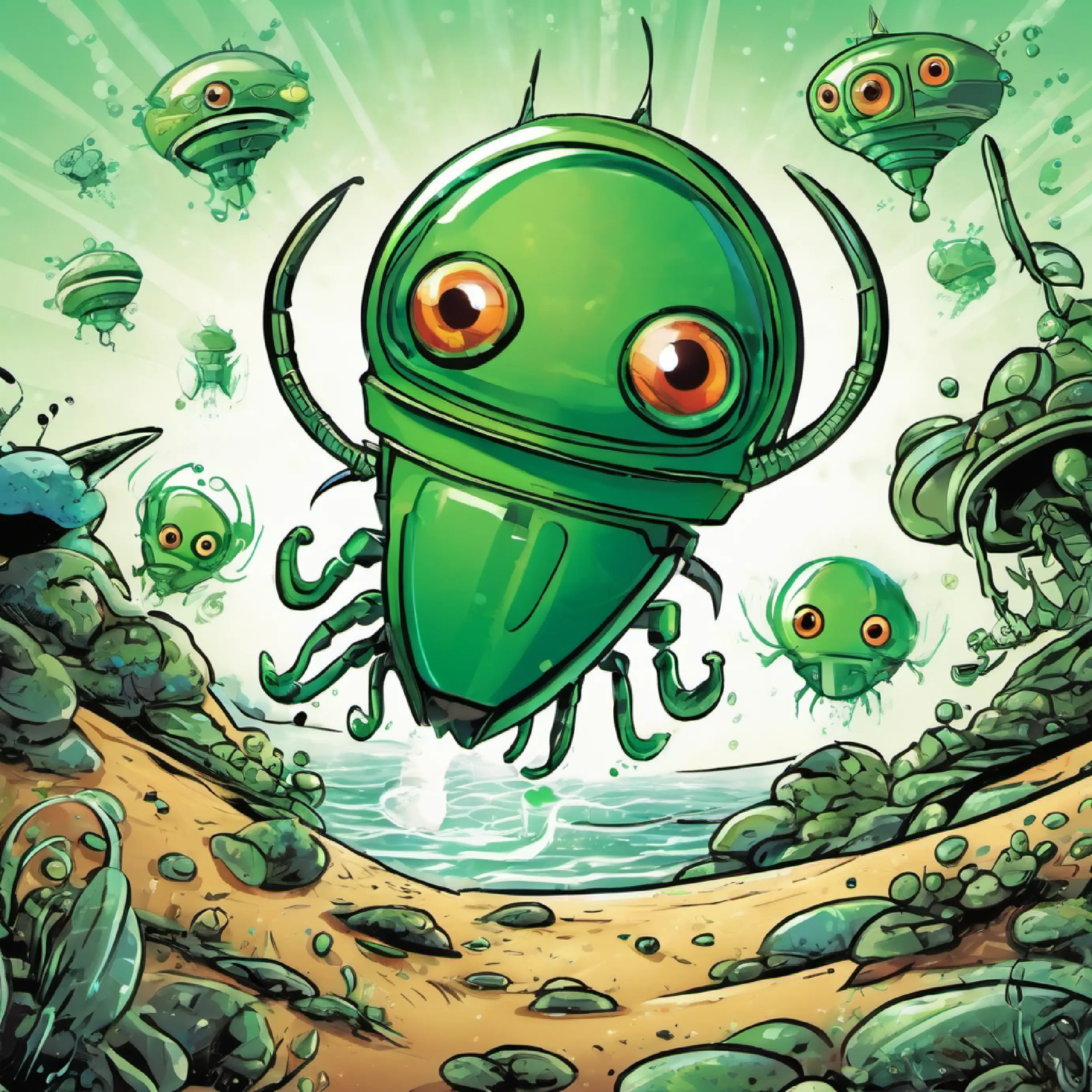 Tiny green plankton, one eye, two antennae and aliens attack, Tiny green plankton, one eye, two antennae has a gadget.