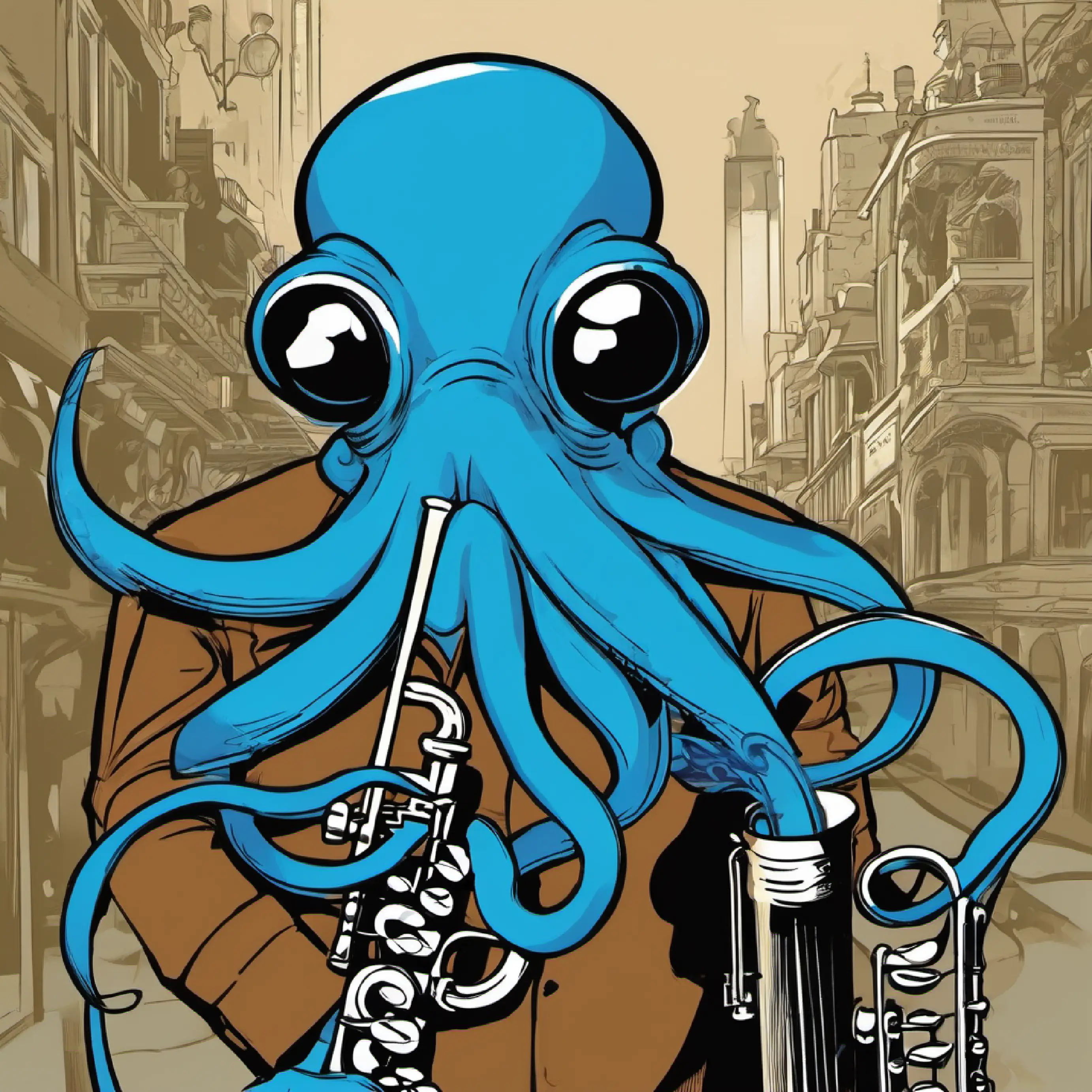 Blue octopus, brown shirt, large nose reluctantly joins the defense with his clarinet.