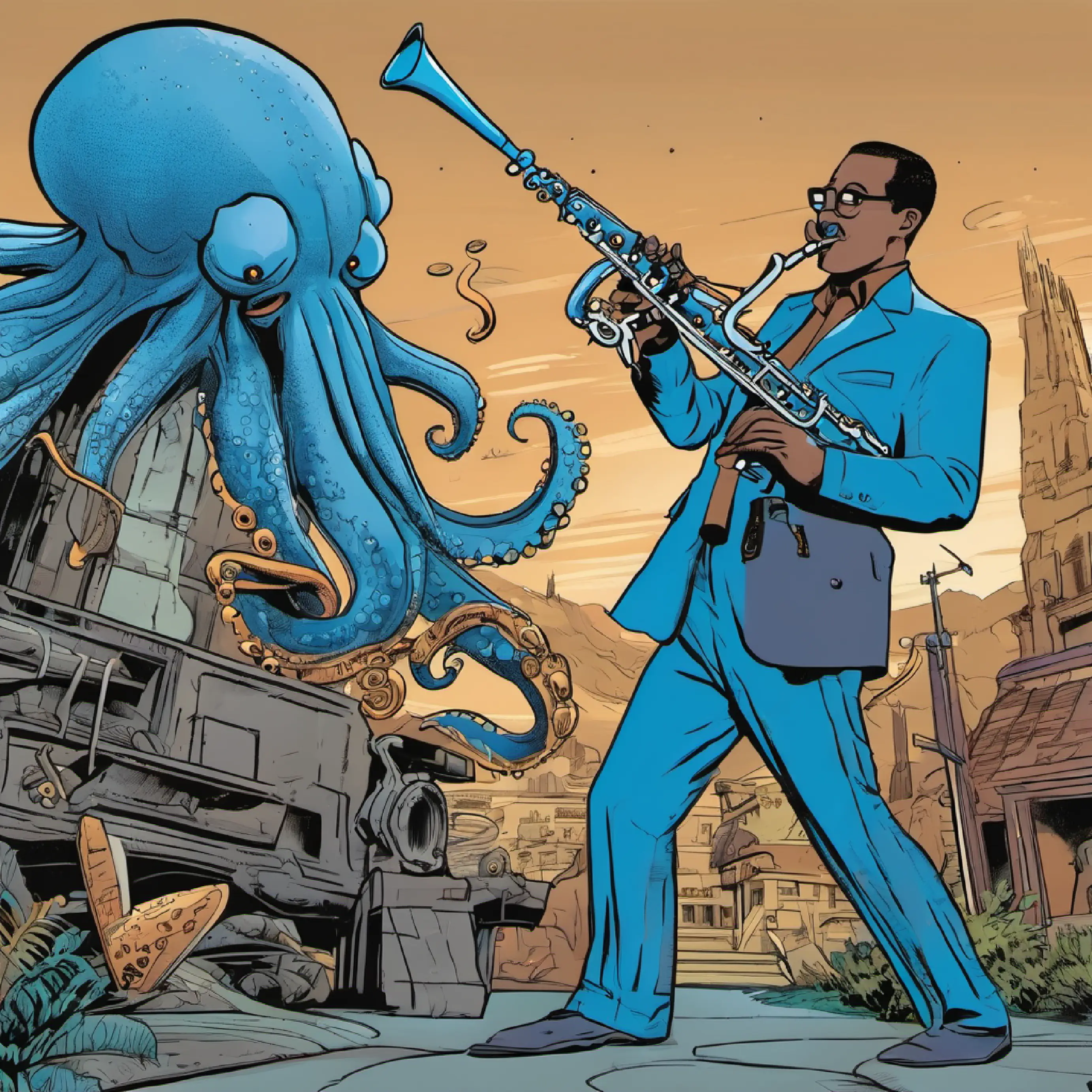 Blue octopus, brown shirt, large nose uses his clarinet against aliens.