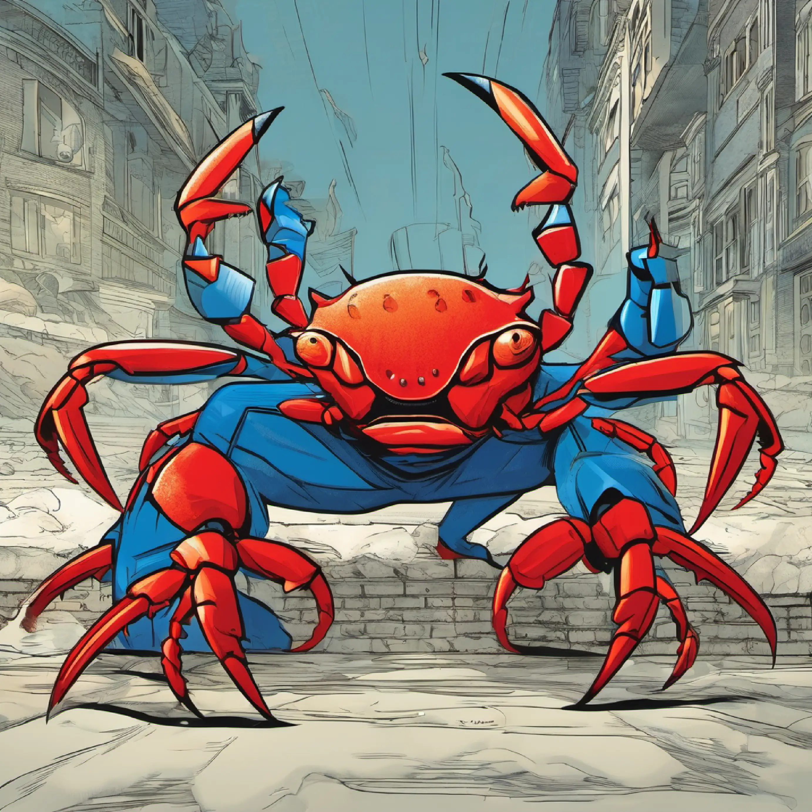 Red crab, blue pants, wide eyes fights with his claws.