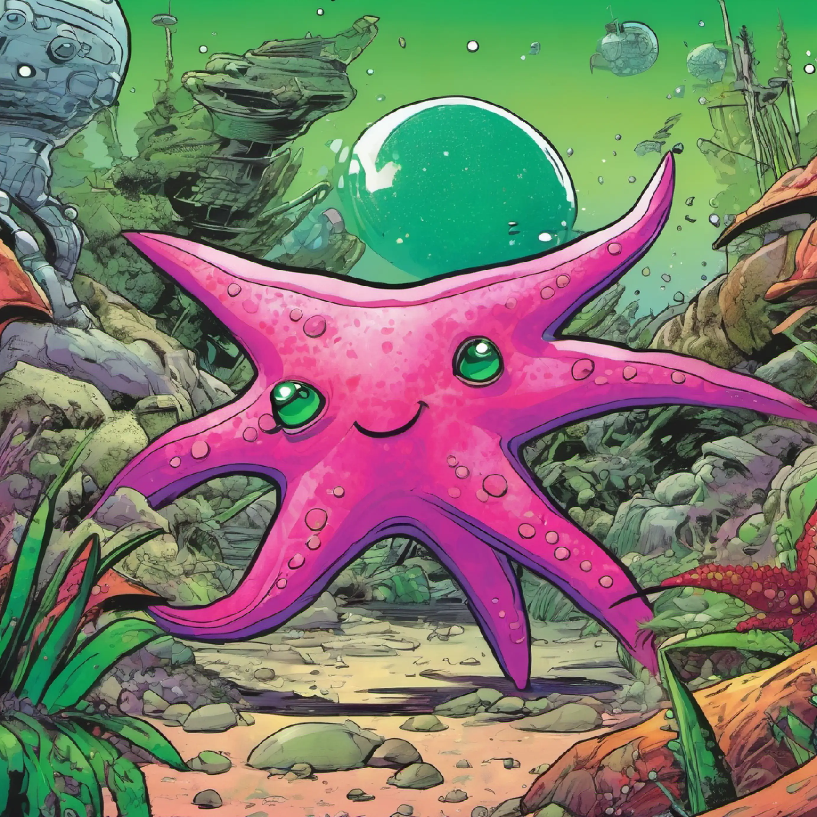 Accident-prone Pink starfish, green shorts, purple eyelids bumps into an alien.