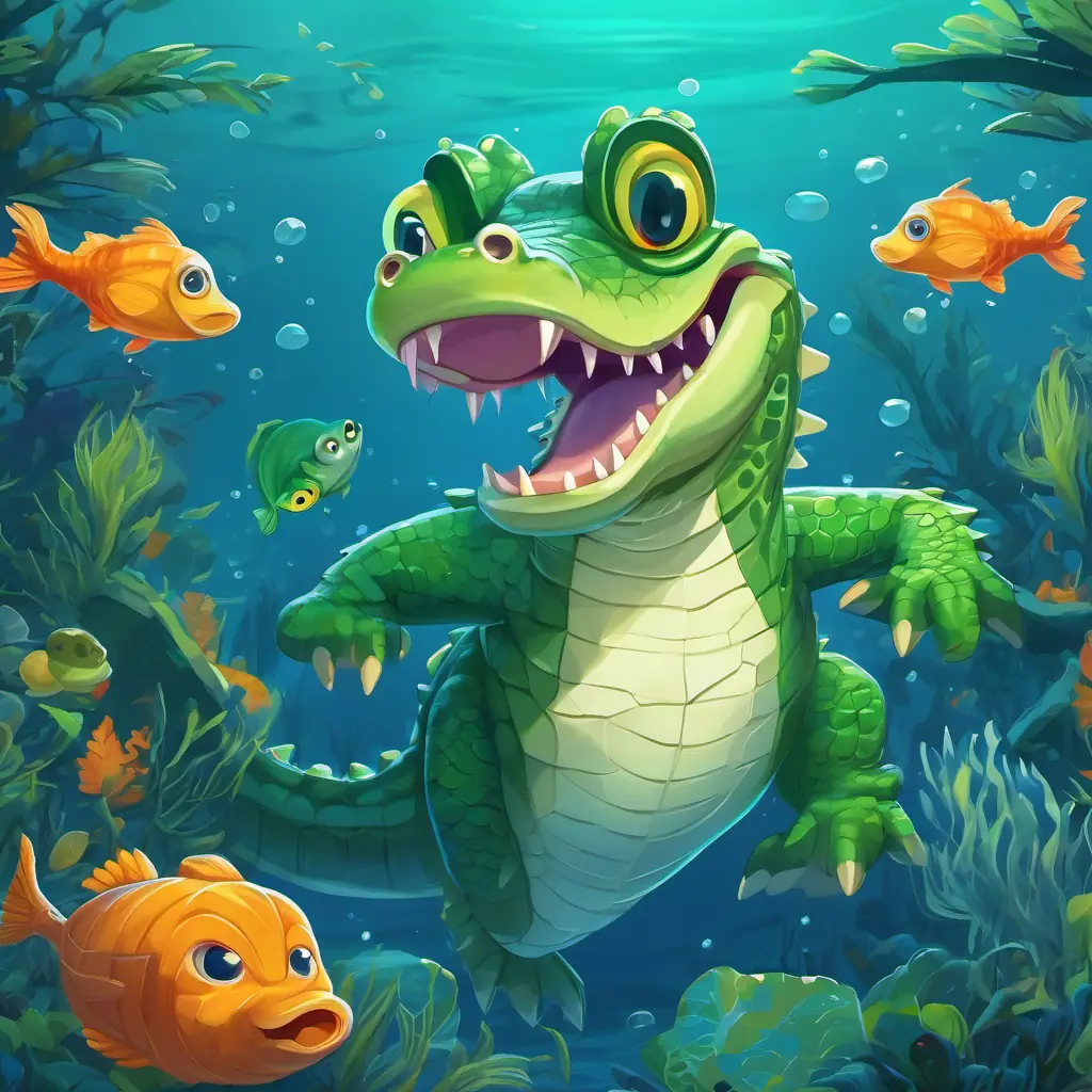 In the clear blue ocean, Friendly green alligator with big round eyes and a long snout and her fish friends swim happily together.