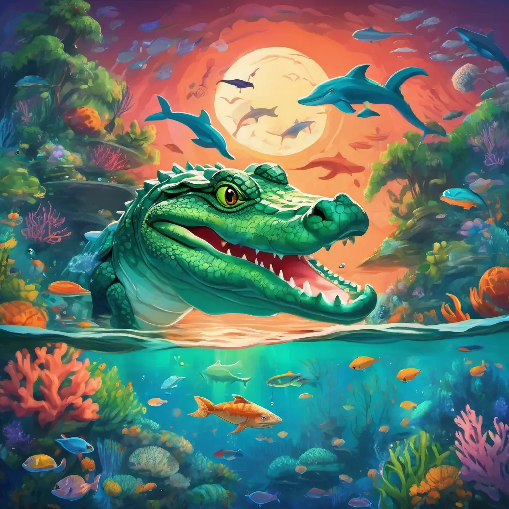 Friendly green alligator with big round eyes and a long snout swims through the sparkling ocean water, surrounded by dolphins and vibrant coral reefs.