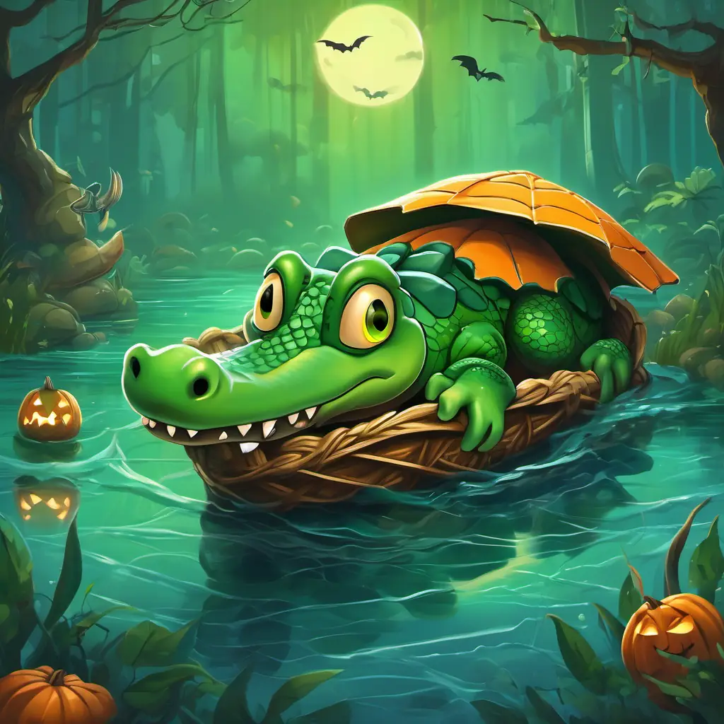 Friendly green alligator with big round eyes and a long snout heroically saves a trapped turtle, using her strong jaws to break the fishing net.