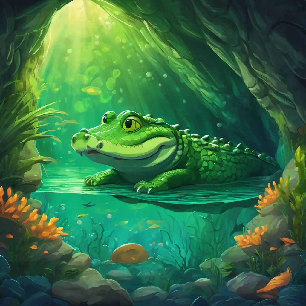 Friendly green alligator with big round eyes and a long snout rests in her cozy underwater cave, surrounded by soft seaweed, as she drifts off to sleep.