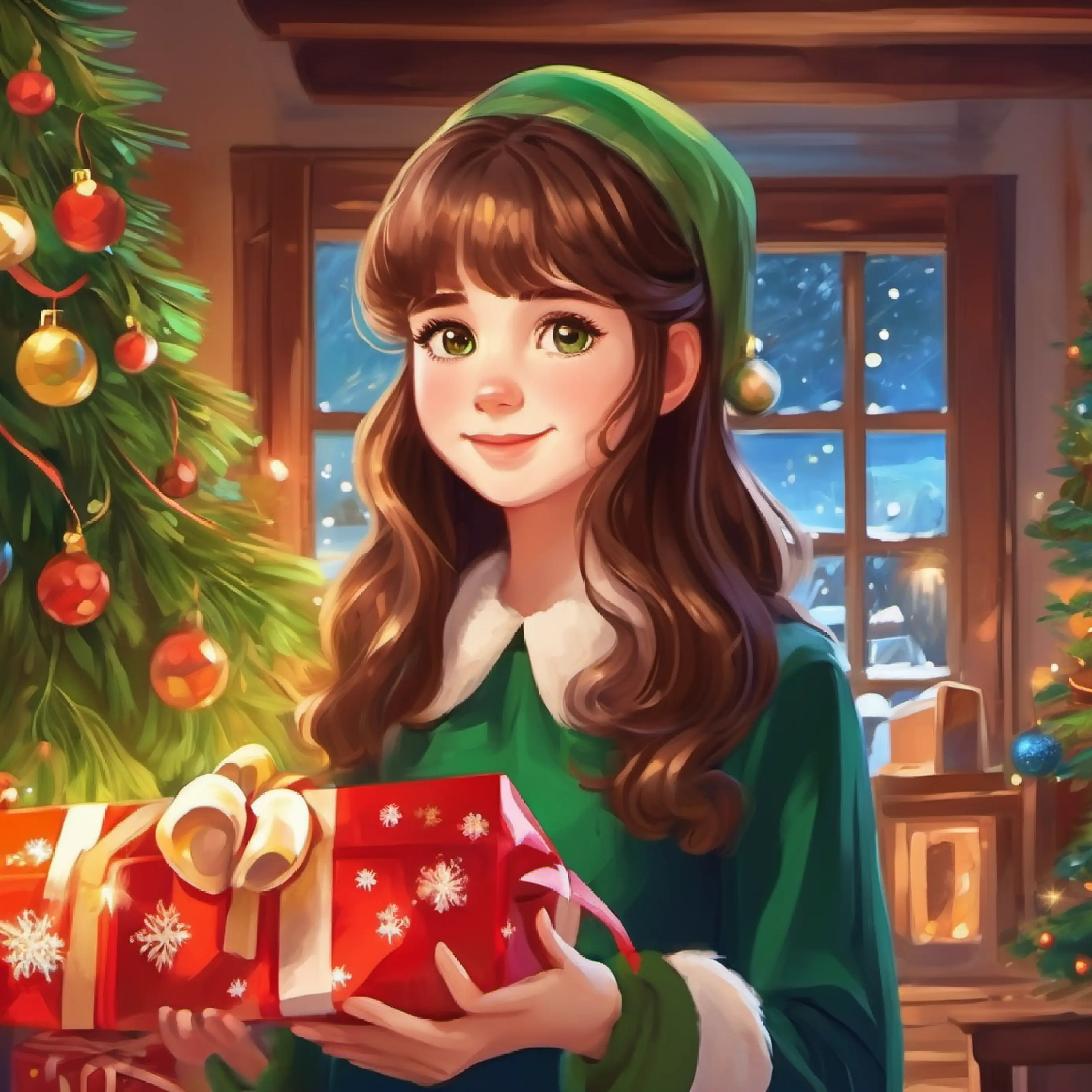 Introduction to Young girl, long brown hair, kind green eyes's home and her secret gift.