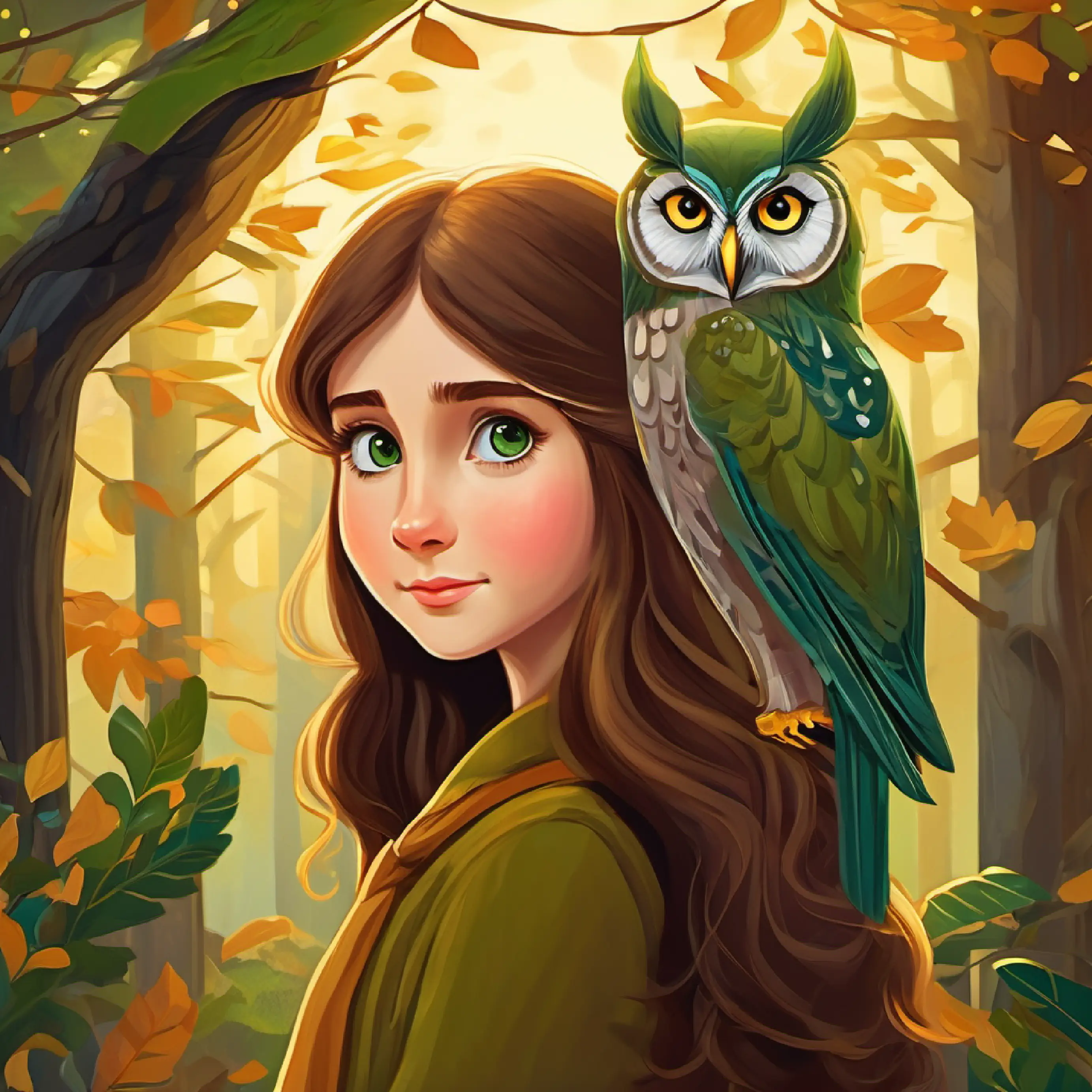 Young girl, long brown hair, kind green eyes greets woodland animals including Wise old owl, brown feathers, thoughtful golden eyes.