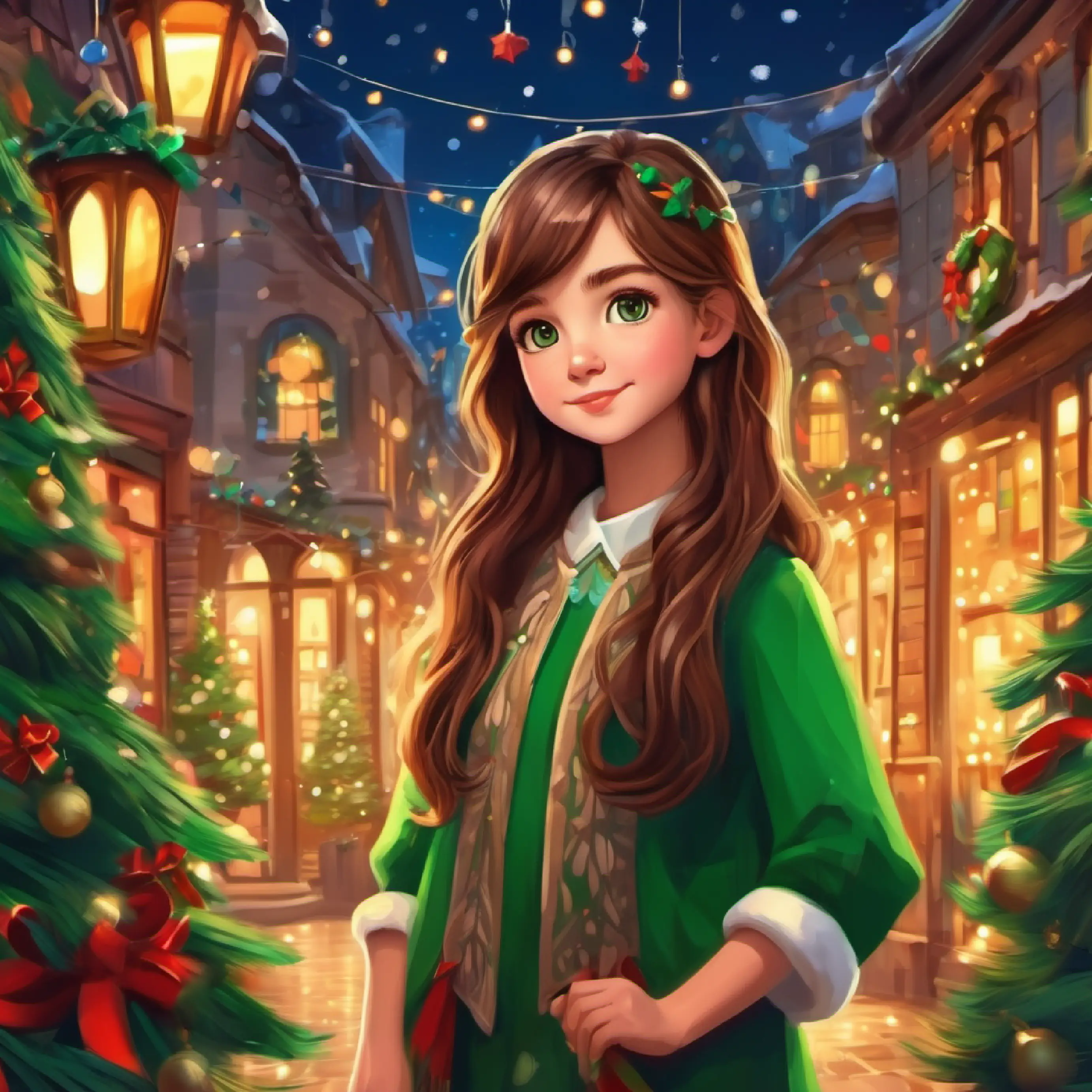 Young girl, long brown hair, kind green eyes's legend spreads, inspiring others.