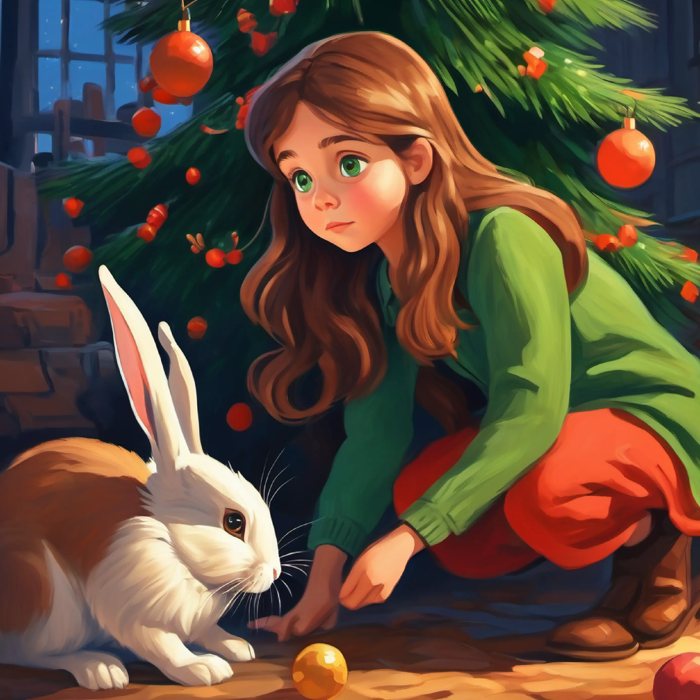 Young girl, long brown hair, kind green eyes discovers a rabbit in distress.