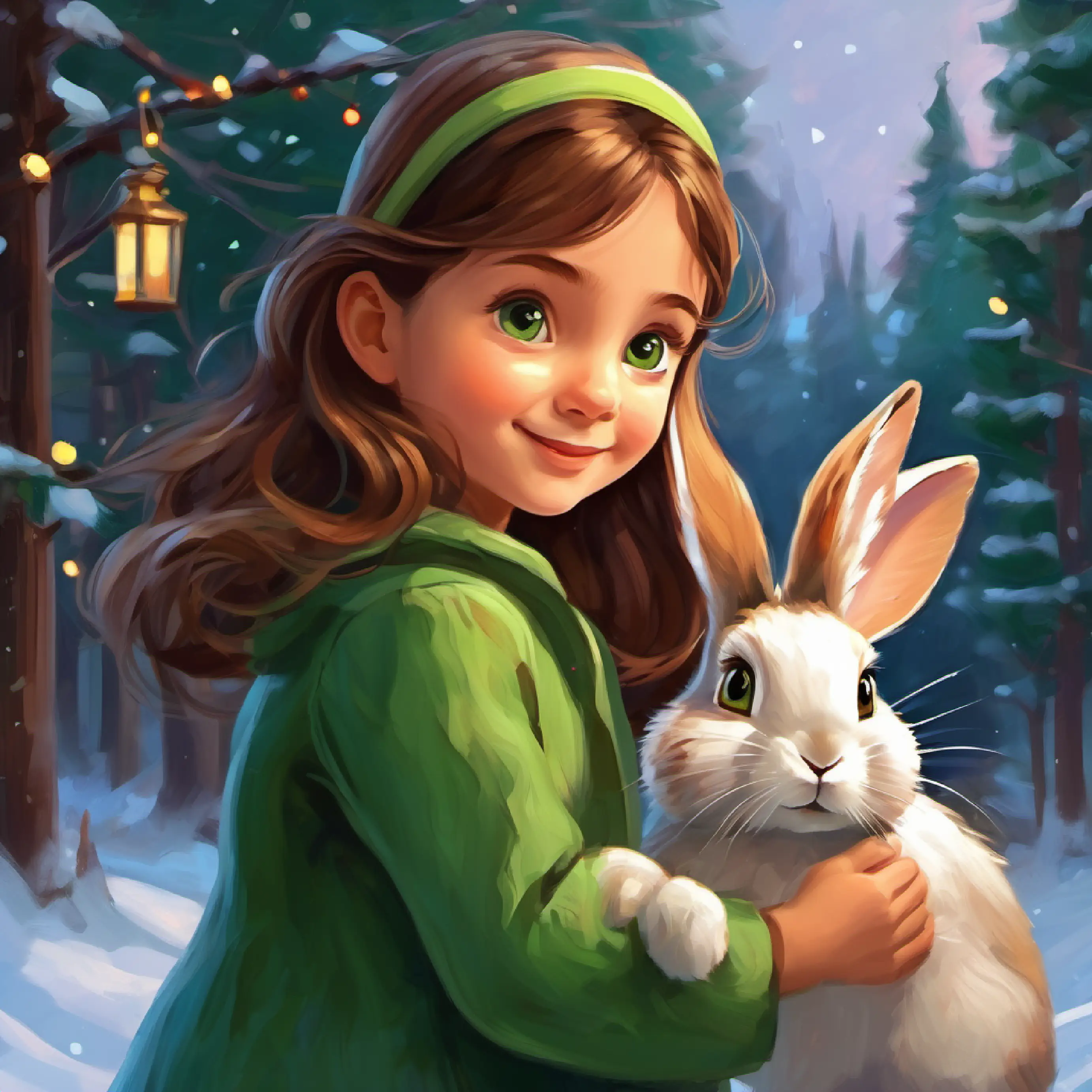 Young girl, long brown hair, kind green eyes helps the rabbit, it thanks her and hops away.