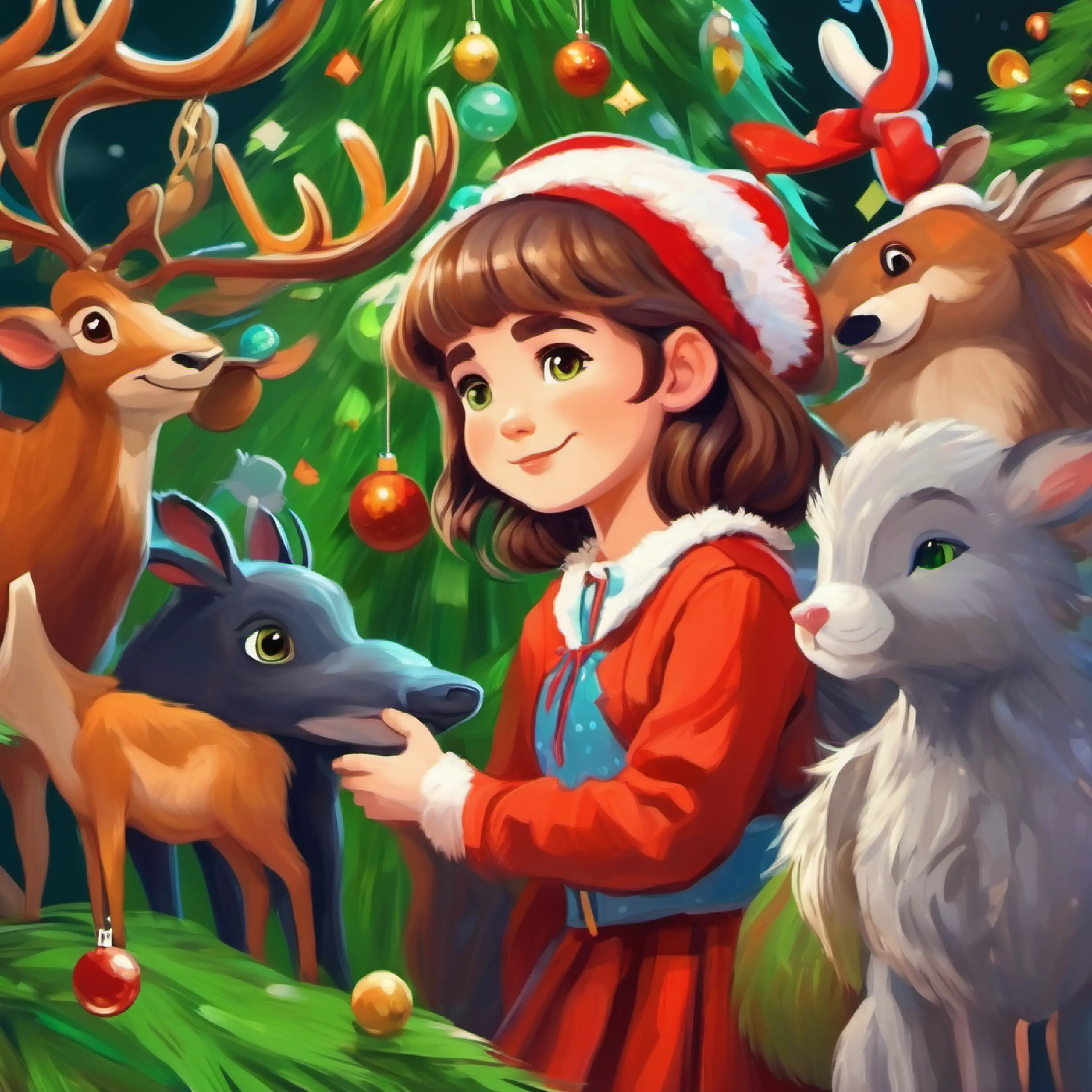 Animals spread the word of Young girl, long brown hair, kind green eyes's kindness.