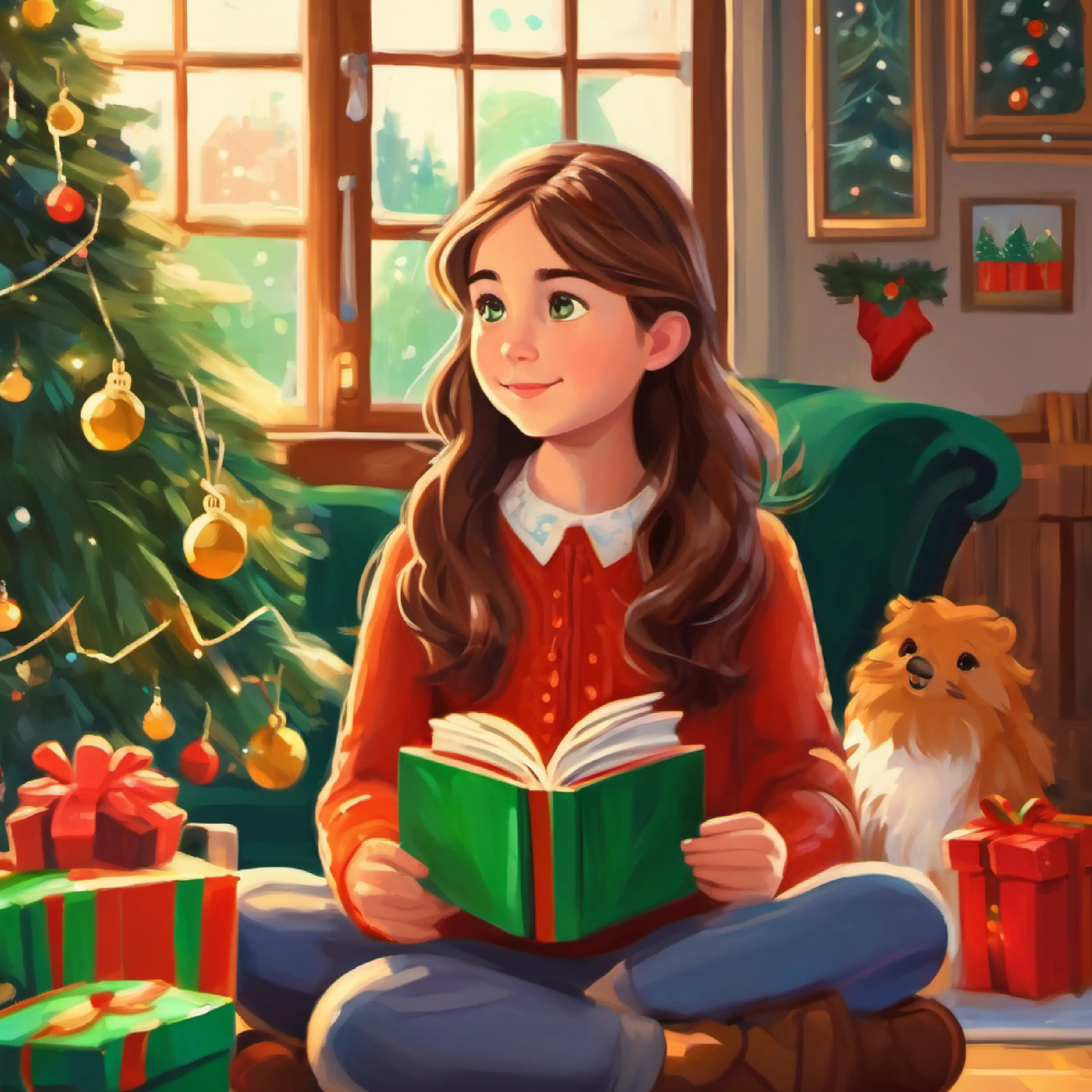 Young girl, long brown hair, kind green eyes shares her adventures with her parents at home.