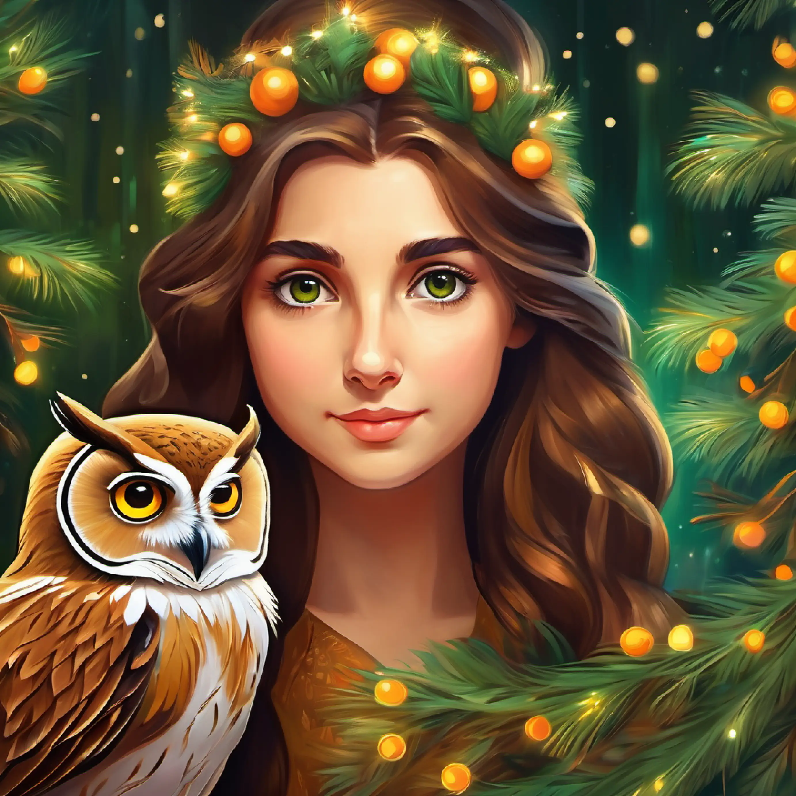 Wise old owl, brown feathers, thoughtful golden eyes brings Young girl, long brown hair, kind green eyes a gift for her kindness.