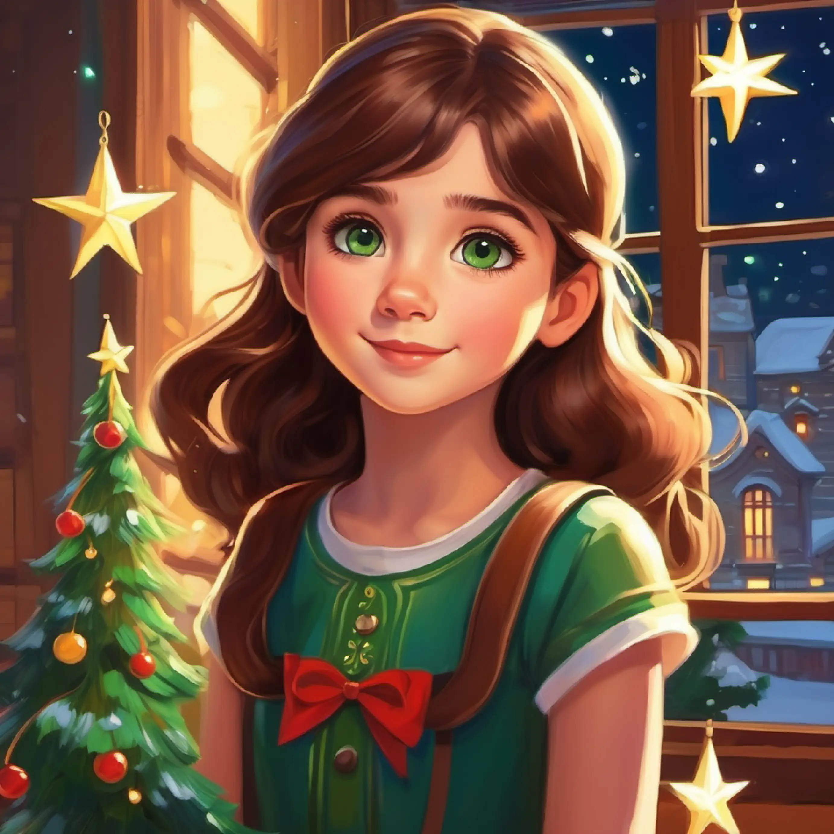 Young girl, long brown hair, kind green eyes receives a star, it shines from her window.